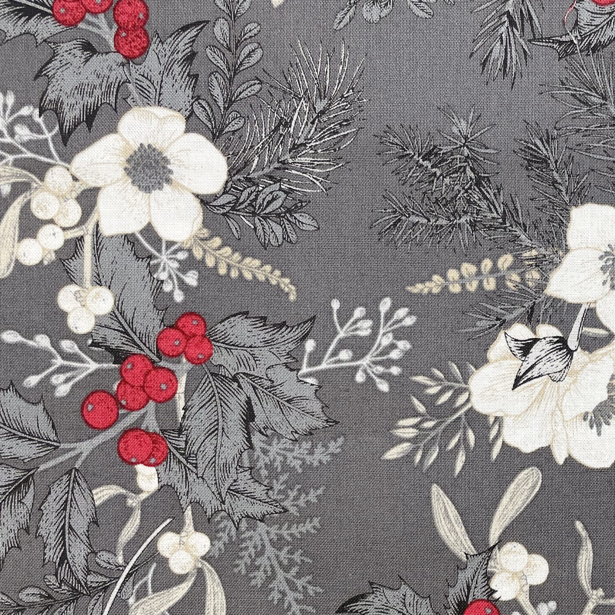 Christmas Fabric -Flowers Mistletoe & Berries on Silver Grey - Xmas Craft Fabric Material Metre