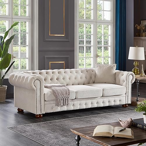 Miniatura 4 de Sofá Chesterfield clásico de 88 pulgadas, moderno sofá capitoné de 3 plazas con botones en forma de L de lujo tapizado de tela de lino para sala de