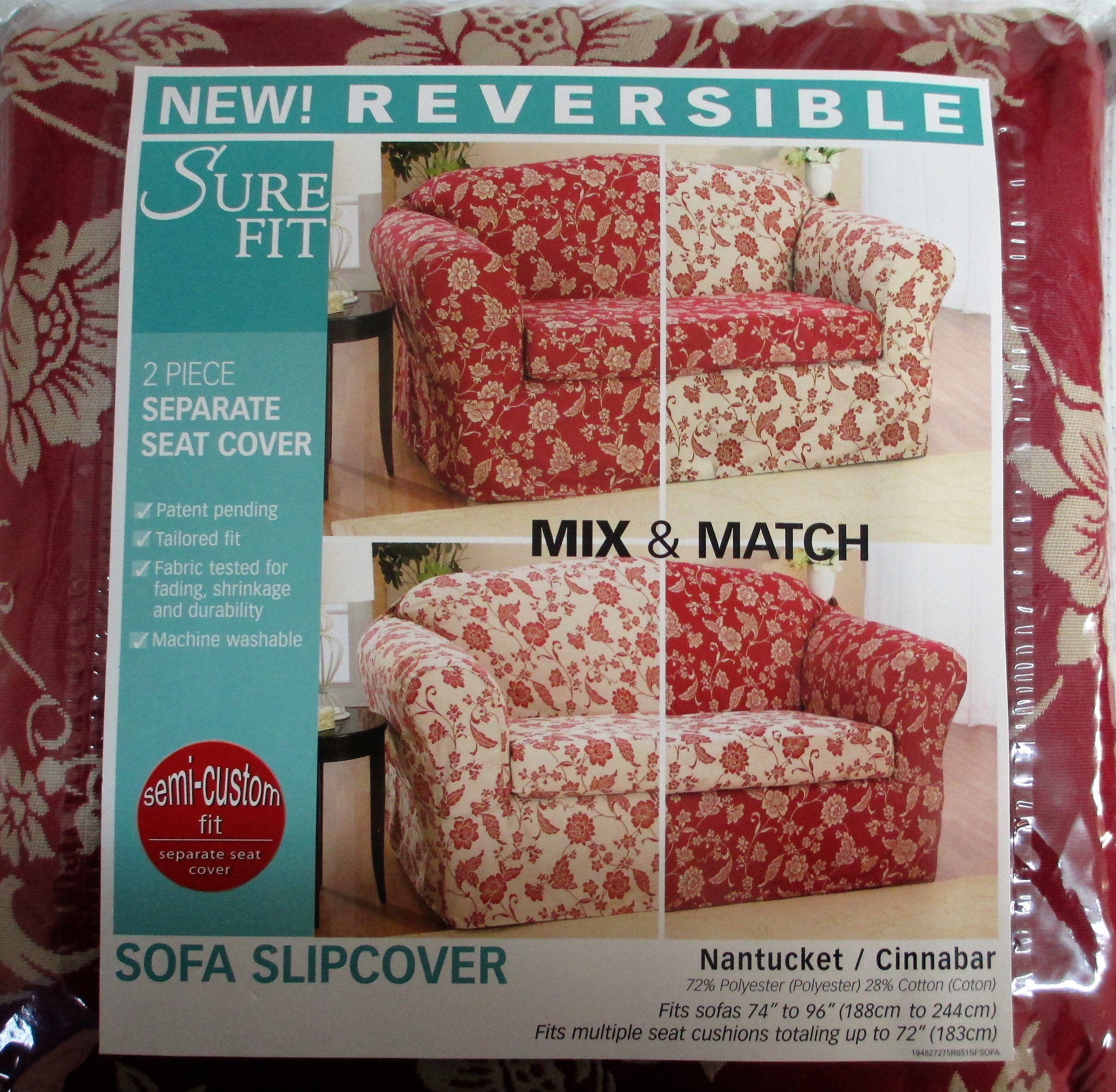 Sure Fit Reversible Sofa Slipcover Couch 74 - 96 inches Wide Nantucket Cinnabar Floral 2 Piece