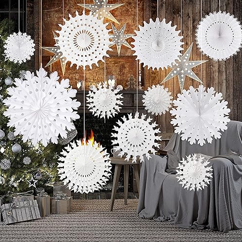 TUPARKA Decoraciones de papel blanco con copos de nieve, suministros de fiesta de cumpleaños de congelado, decoración de fiesta de invierno del país