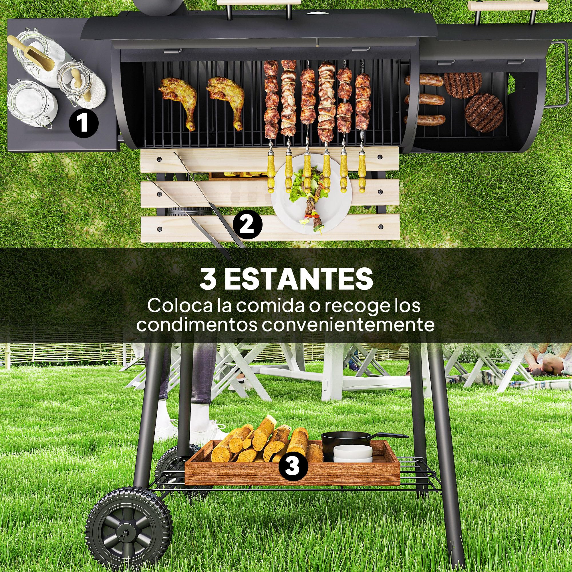Outsunny Barbacoa de Carbón 3 en 1 Ahumador Parilla de Carbón Barbacoa de BBQ 124x53x104 cm con Termómetro y Ruedas Estantes de Madera Picnic Acampada al Aire Libre