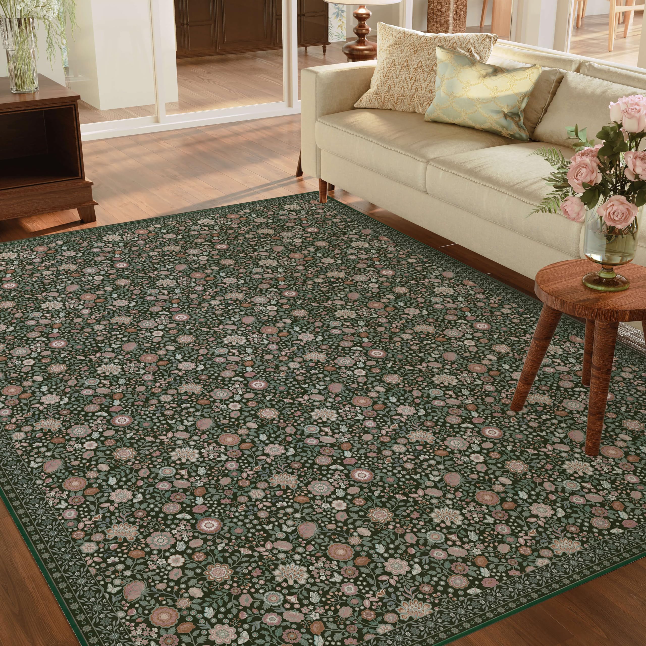 Floral Living Room 6x9 - Non-Slip Vintage Washable Boho Area Rug Carpets - Soft & Stain Resistant Rug for Home Bedroom Dining Room Home Office Indoor Dark Green