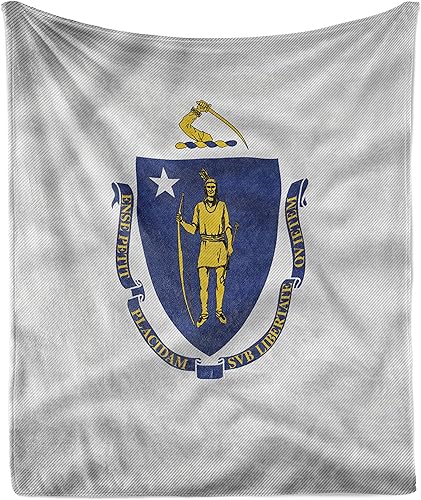 Lunarable American Throw Blanket, Massachusetts Flagg Holds a Bow and Pointing Downward Arrow, Flannel Fleece Accent Piece Soft Couch Cover for