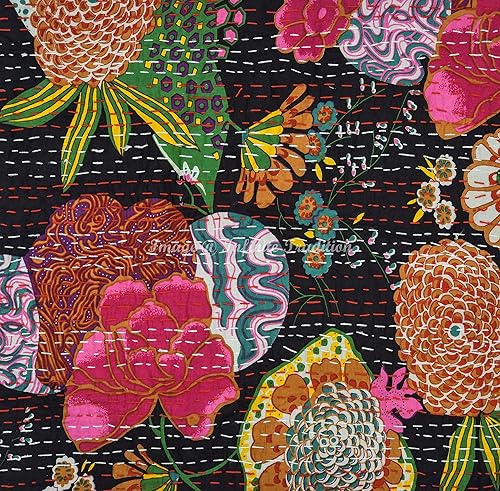 Miniatura 5 de Juego de 2 fundas de almohada de algodón negro de 16 x 16 pulgadas para decoración del hogar Kantha bordada Tropicana - 2 unidades