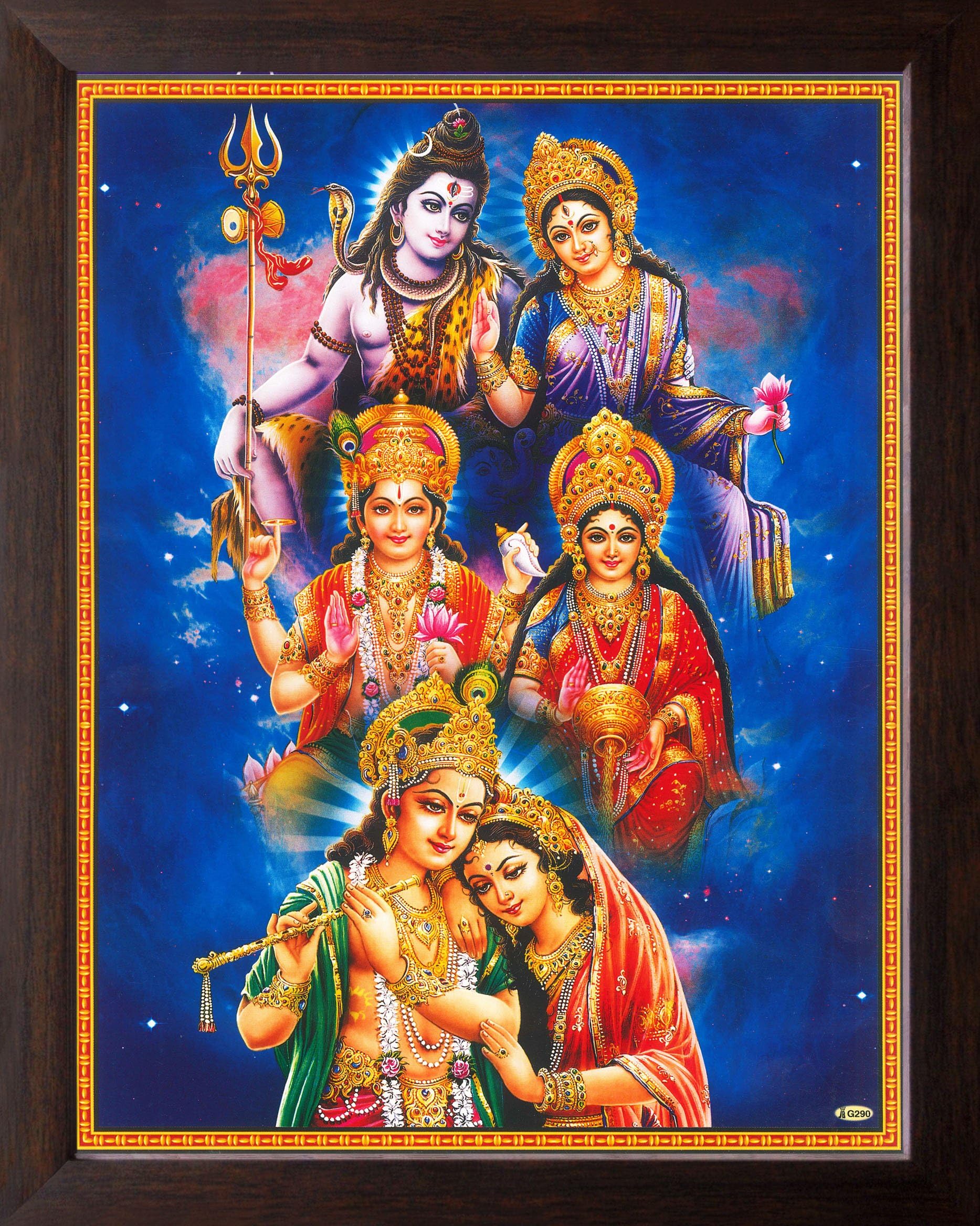 Art n Store: Lord Shiva, Devi Paarwati with Lord Vishnu, Devi Lakshmi and Radha-Krishana, HD Printed Religious & Decor Painting with Plane Brown Frame (30 X 23.5 X 1.5 cm_ Brown Wood)