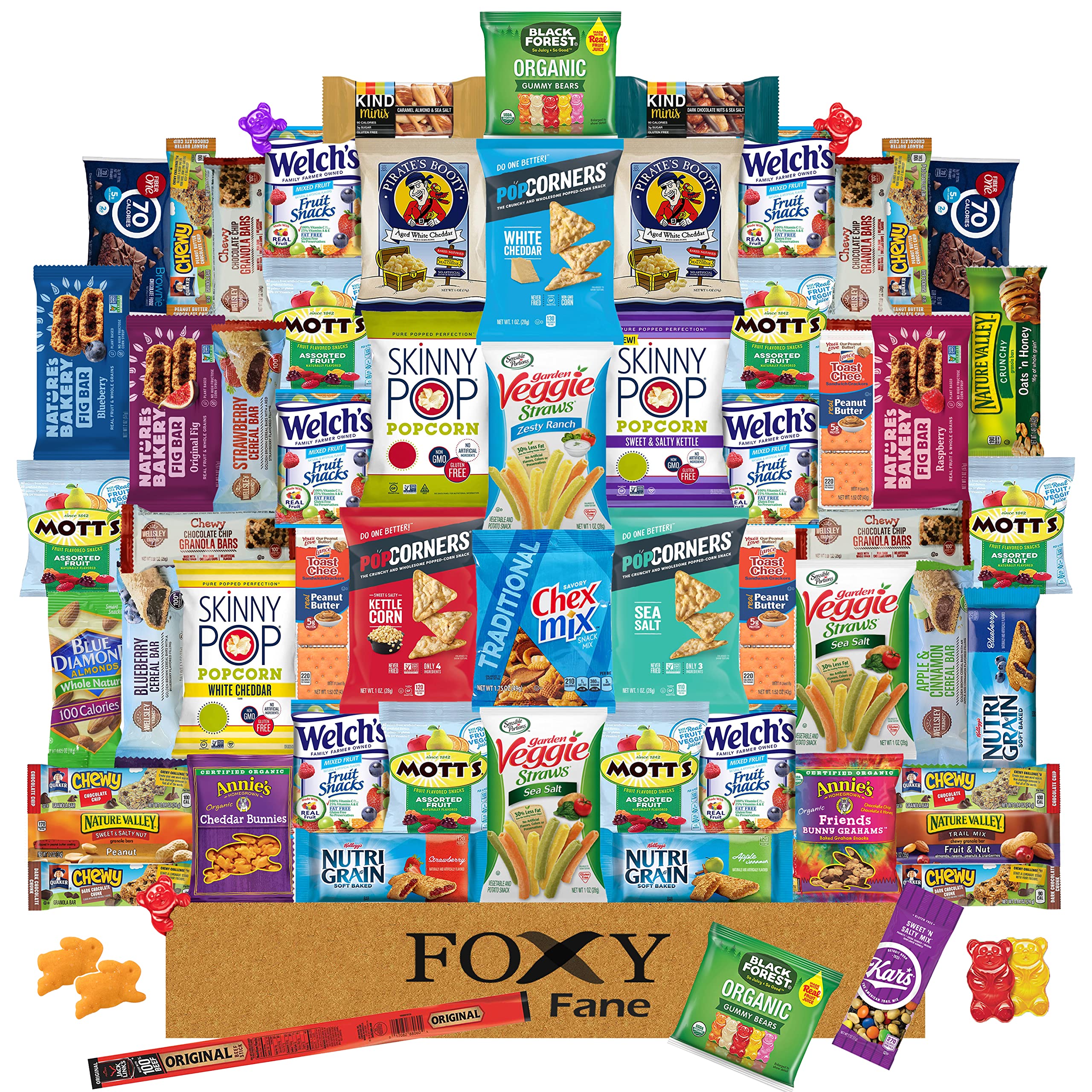 Foxy Fane 60 count Premium Healthy Snack Box - Ultimate Gift Care Package with Variety Assortment of Chips, Nuts, Bars, Crackers, Popcorn, Cookies & more - Bulk Bundle of Delicious Treats (60 Snacks) - 