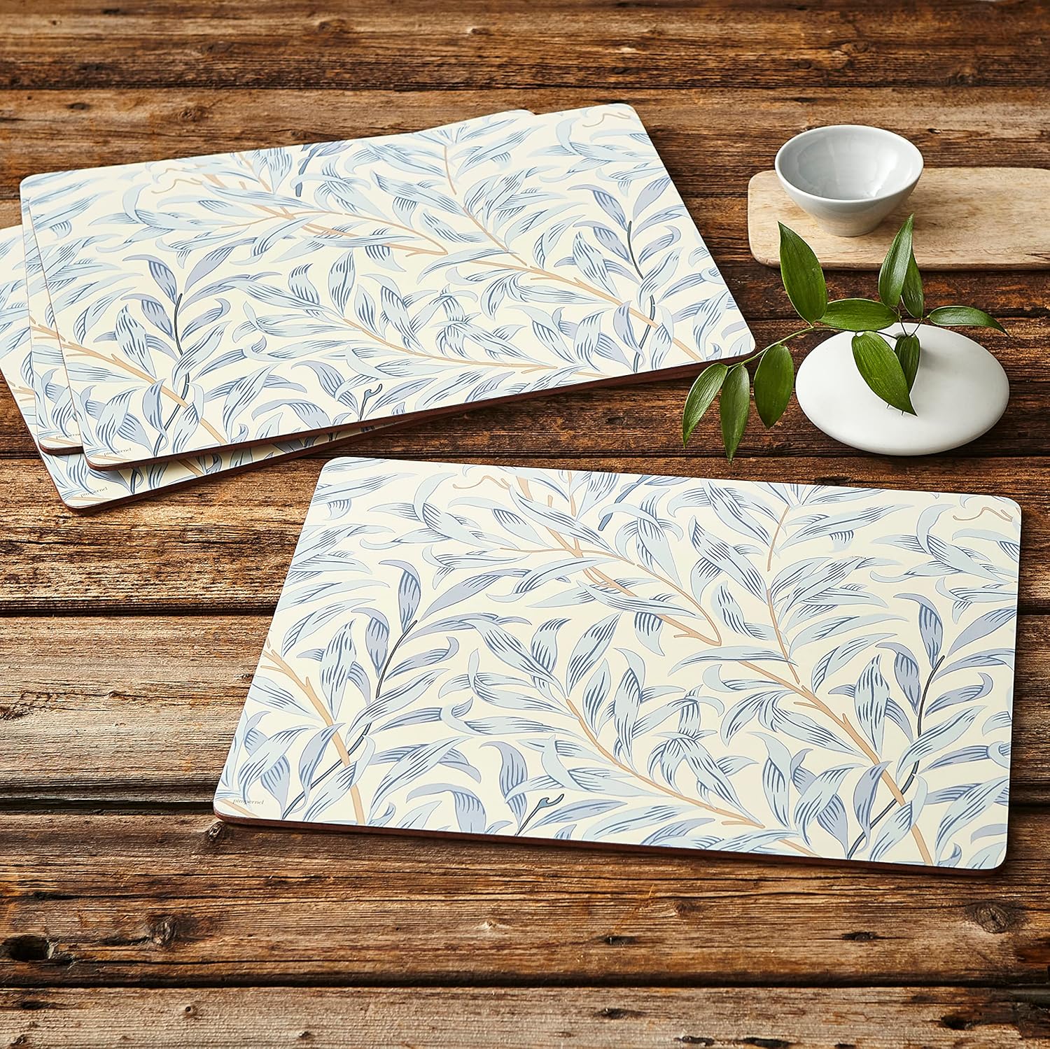 Pimpernel Morris & Co Willow Bough Blue Placemats, Set of 4 - Soft Blue Botanical Mats with Cork Backing for Dining Table Decor & Modern Tableware Accent for Everyday Meals at Home & Restaurants Use