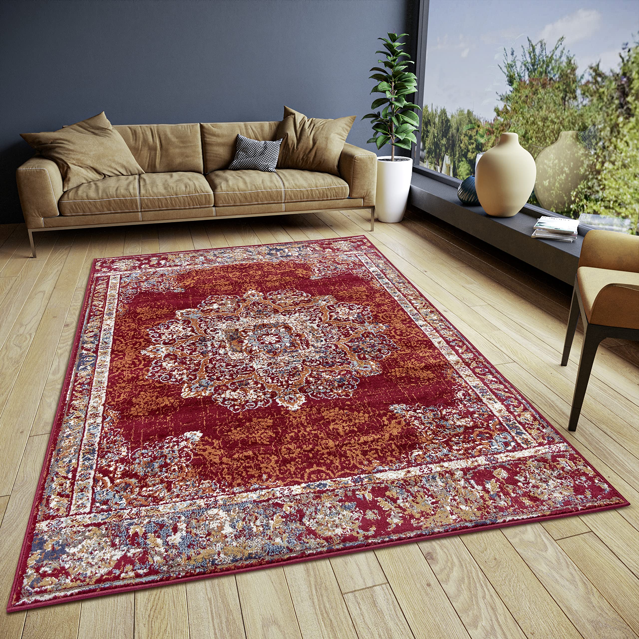 HANSE Home Maderno Oriental Rug - Runner Oriental Classic Tightly Woven with Ornaments Vintage Look Soft Short Pile for Bedroom, Dining Room, Living Room, Hallway - Red, 140 x 200 cm