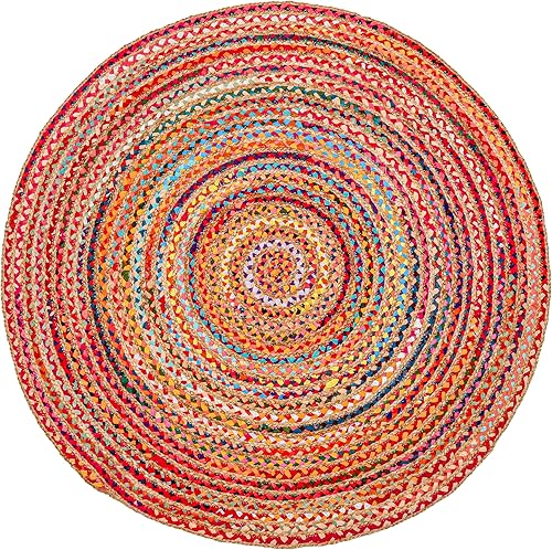 Miniatura 29 de Hausattire Alfombra Trenzada Bohemia Redonda de 4' - Multicolor, Alfombra de Área Circular de Yute y Algodón Estilo Granja para Cocina, Dormitorio