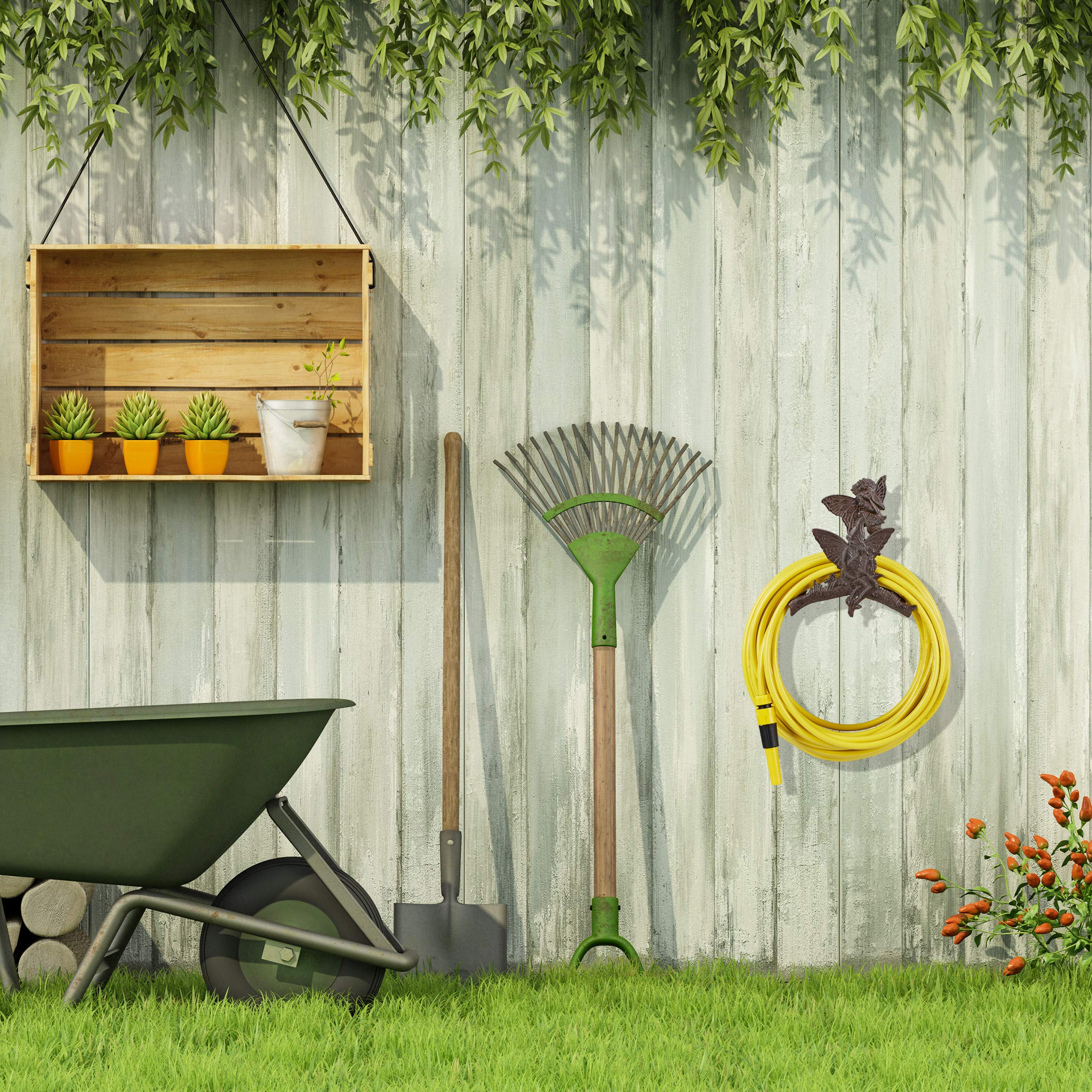 Relaxdays Porte Tuyau d’arrosage, décoration Jardin, en Fer forgé, Motif Elfes, féerique, Fixation Murale, Marron foncé