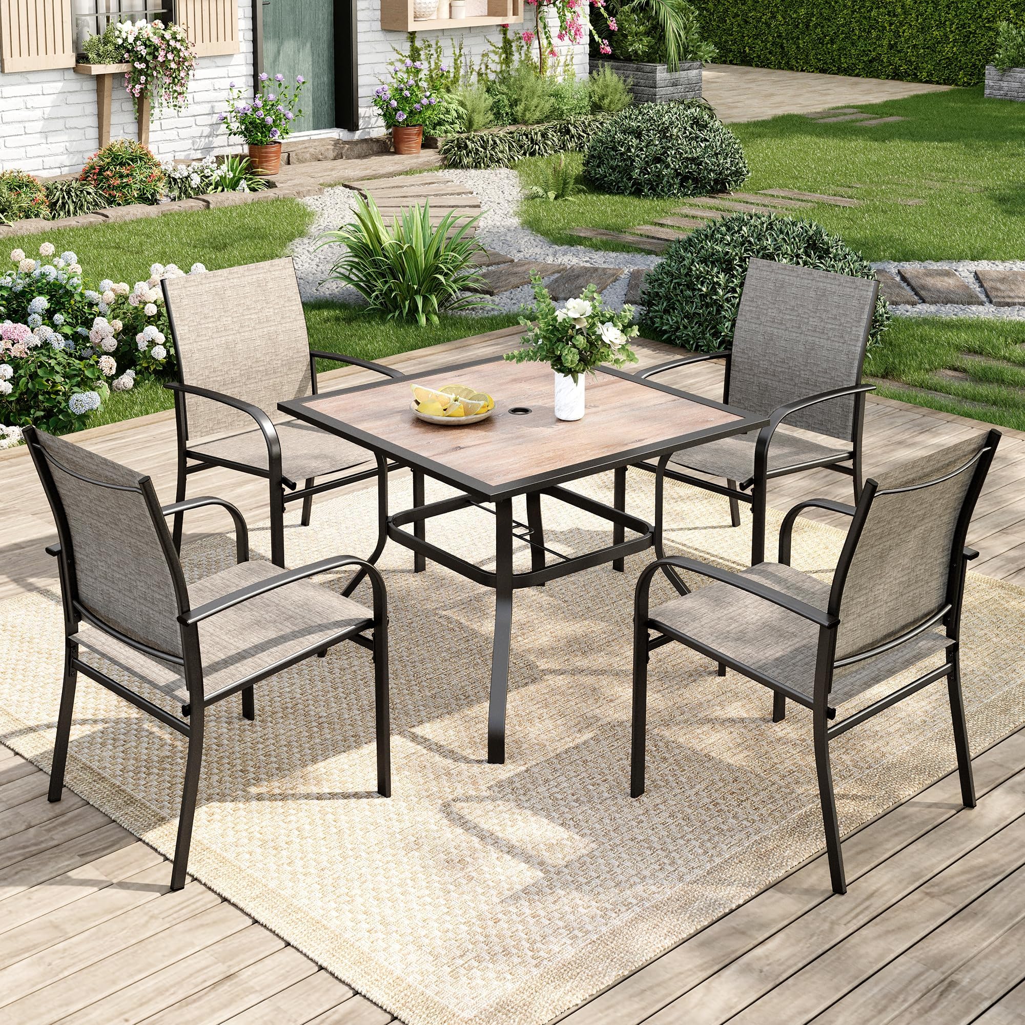 5 Pieces Patio Table and Chairs Set, 4 Person Outdoor Dining Furniture Set, 4 Brown Textilene Chairs and 37" Wood-Like Table Top Table with Umbrella Hole, for Deck Backyard Lawn