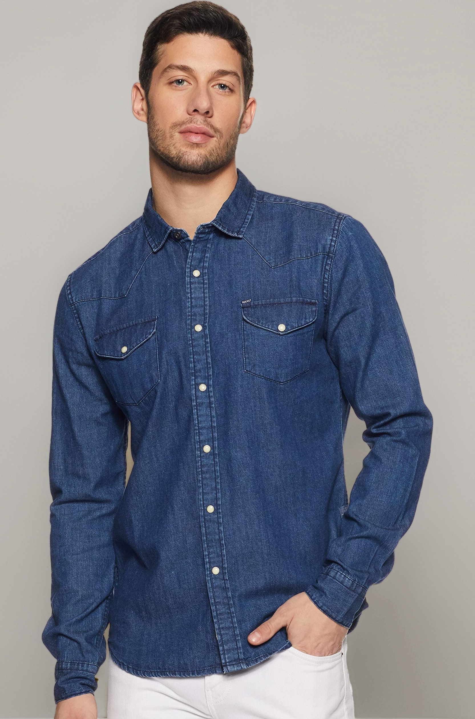 Amazon Brand - Symbol Men's Cotton Slim Fit Denim Shirt | Casual | Plain | Full Sleeve | Summer (Available in Plus Sizes)