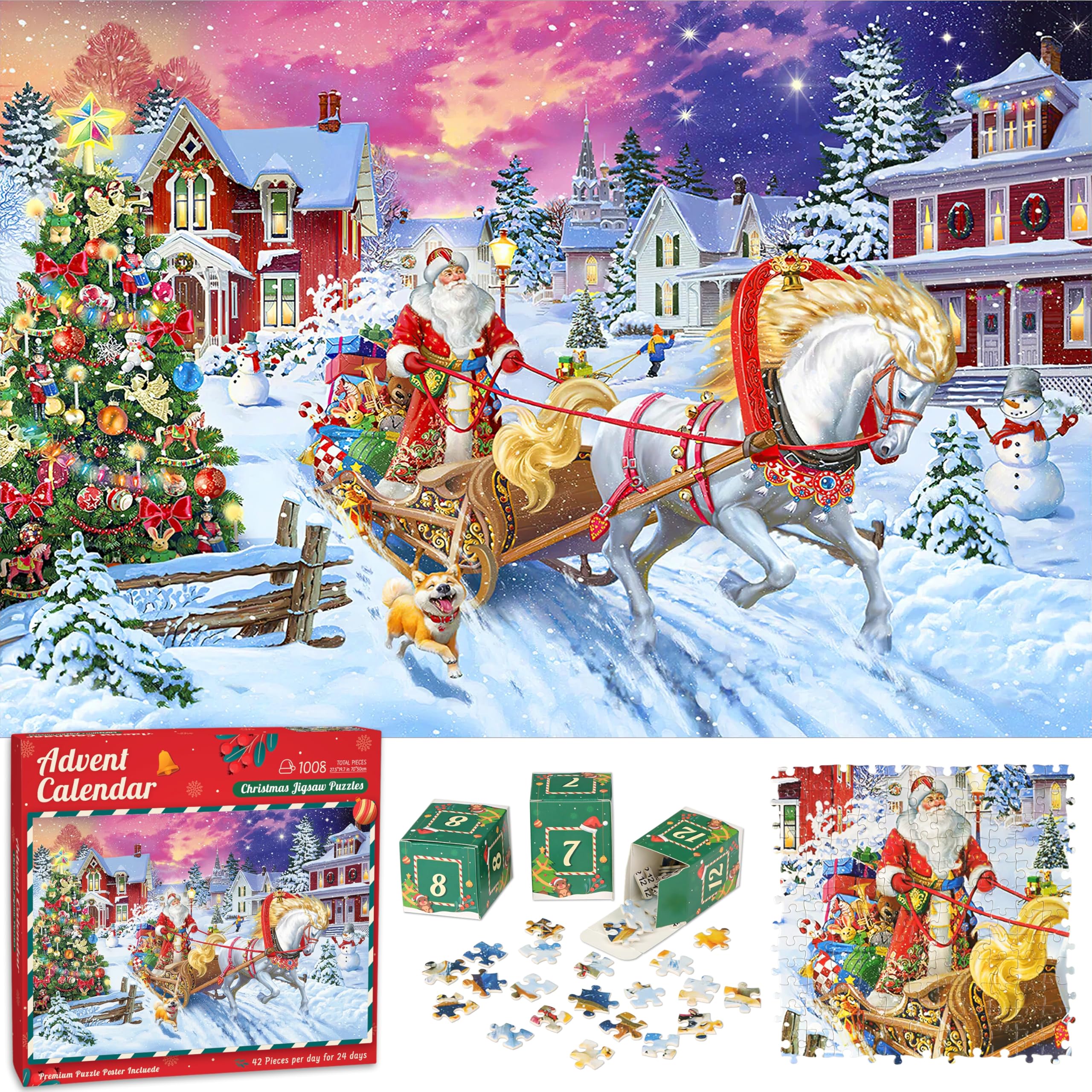 SopuJigsaw Puzzle Advent Calendar 2024 Christmas Puzzle - Santa's Sleigh Ride 24 Boxes 1008 Pieces Puzzles for Kids Teens Adults Christmas Advent Calendar Puzzle Gifts Christmas Countdown Calendar