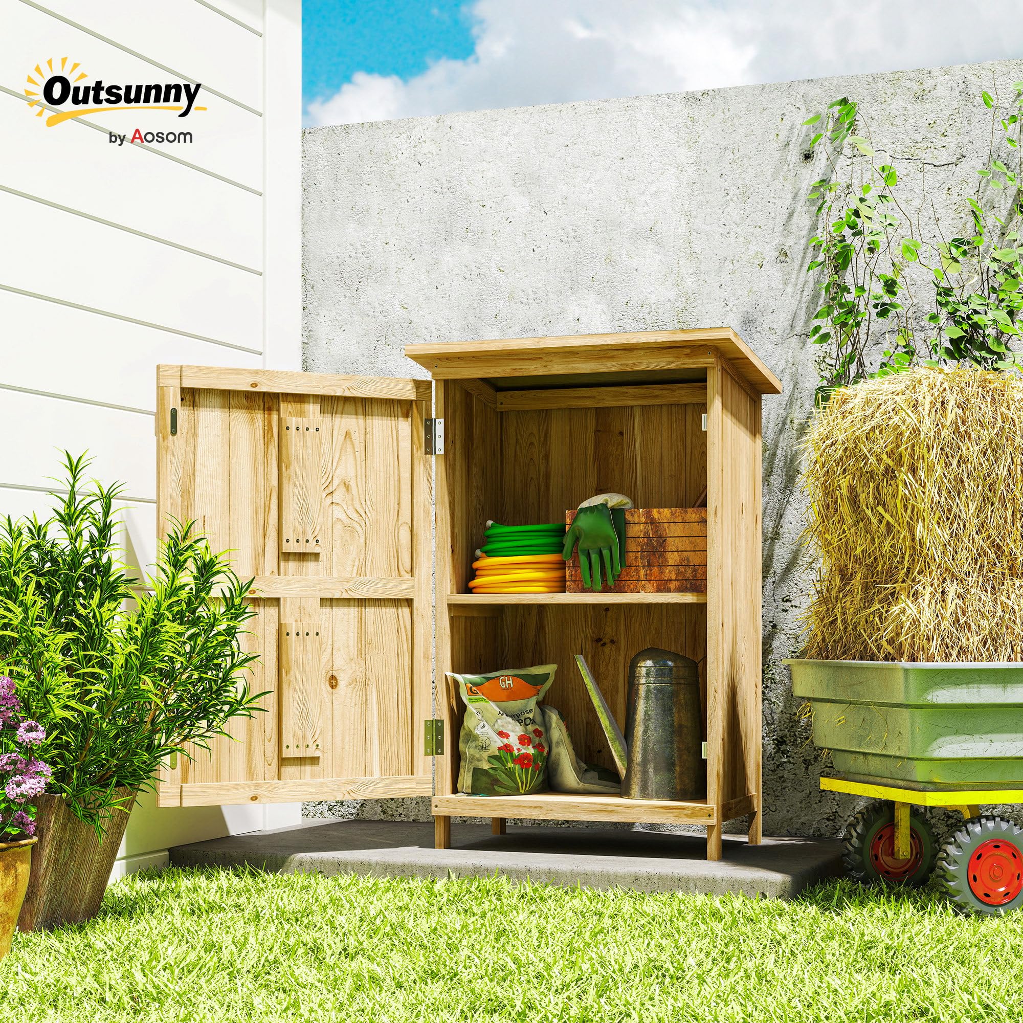 Outsunny Caseta de Jardín de Madera con 2 Estantes 63,5x40x90 cm Natural | Cobertizo Jardín Exterior, Armario para Almacenaje de Herramientas, Puerta Tipo Granero, Techo Acero Galvanizado
