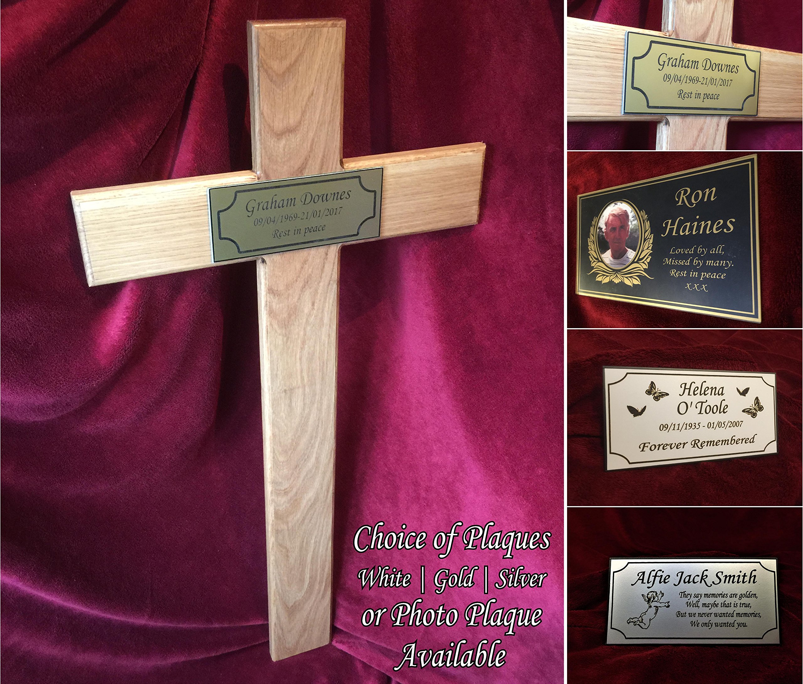 1st 4 Signs 40'' Large Wooden Memorial Cross Solid Oak Grave Marker & Bespoke Personalised Plaque - To Purchase Click Customize Now Button