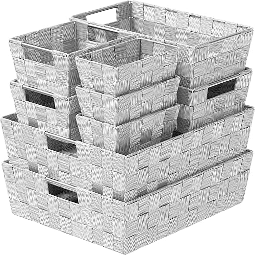 Cestas para organizar juego de 9 canastas, color gris, cestas de almacenamiento para estantes, organizadores perfectos para armario, canasta de baño