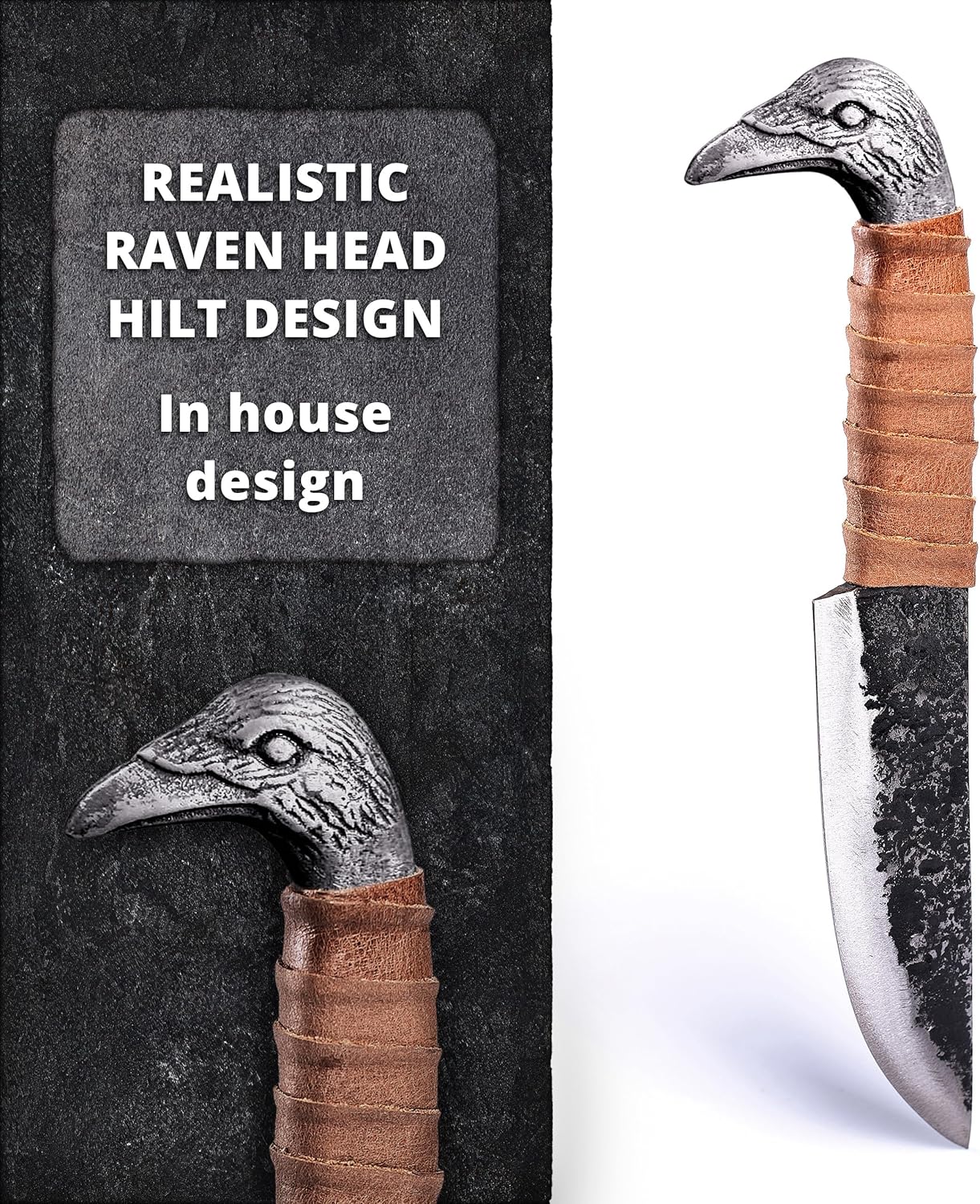 Norse Tradesman Viking Knife With Raven's Head Hilt & Leather Sheath - 5.5" Carbon Steel Blade