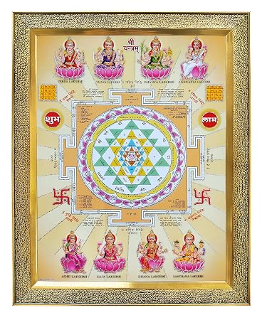 khanna Glass Sri Yantra/Shri Chakra and Ashtalakshmi with Shubh Labh Photo Frame for Wall Hanging with Acrylic Sheet (Golden)