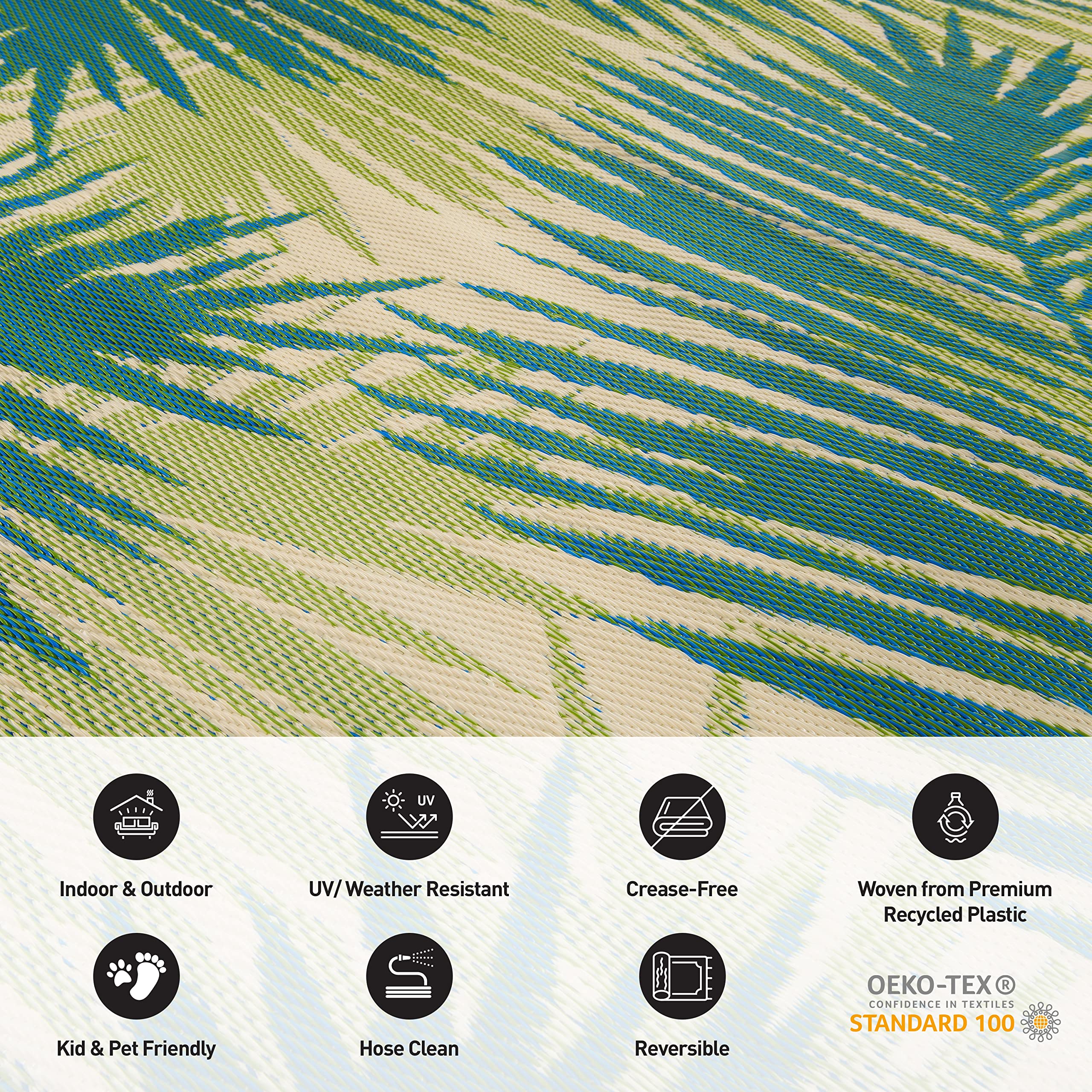 Rugshop Tropical Floral Reversible Crease-Free Waterproof Premium Recycled Plastic Outdoor Rugs for Patio,Backyard,RV,Deck,Picnic,Trailer,Beach,Camping Green 3' x 5'