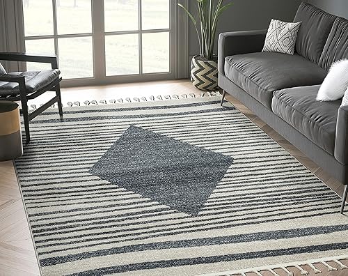 Abani Alfombra de área de transición, alfombras grises y crema a rayas de diamante geométrico 7'9" x 10'2" (8x10) alfombra de área con borlas disponible en Yaxa Peru