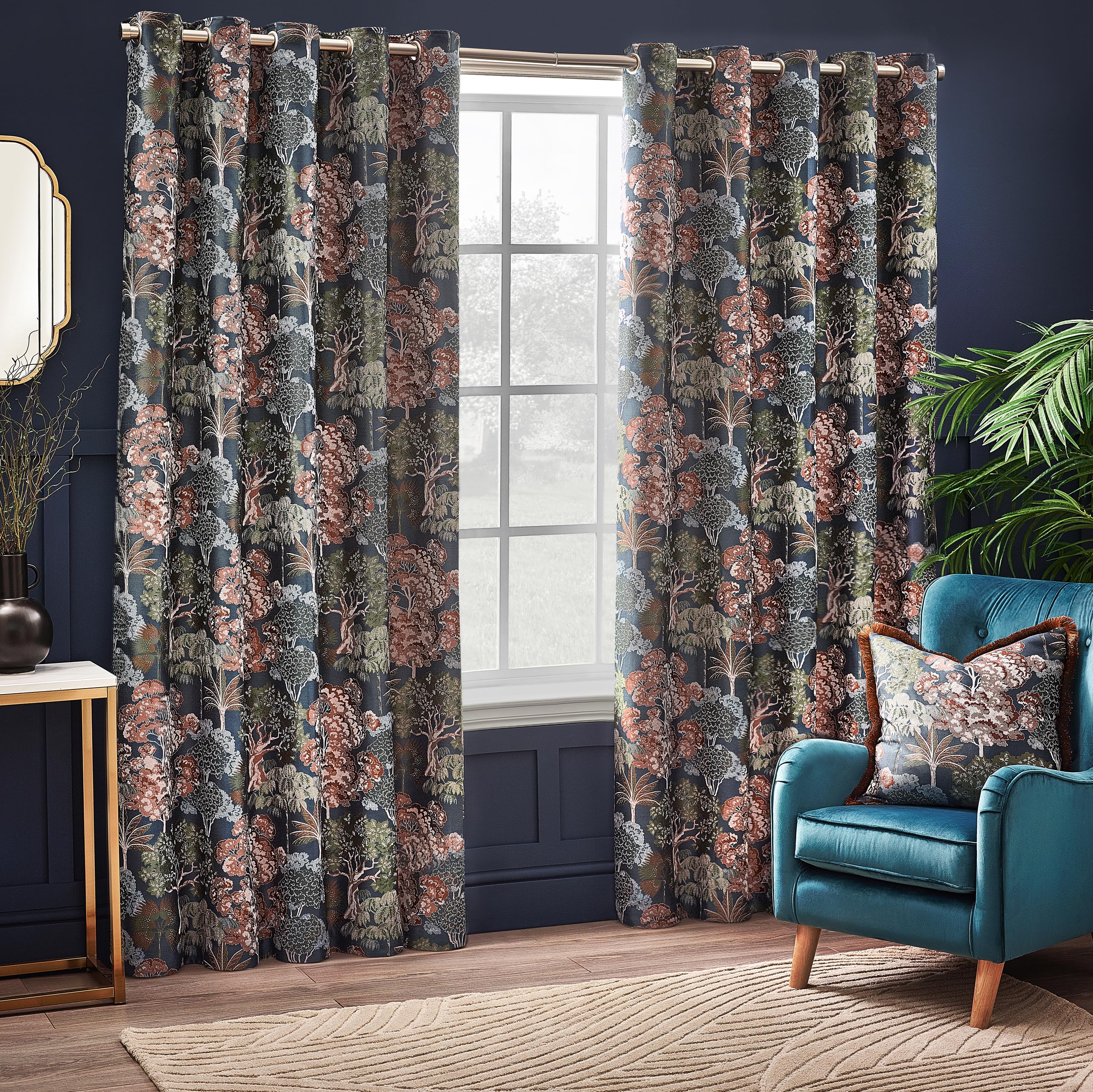 furn. Wylder Woodland Eyelet Curtain Pair – Room Darkening Lined Luxury Jacquard Nature Tree Curtains (Navy – Width 168 x Drop 137cm)