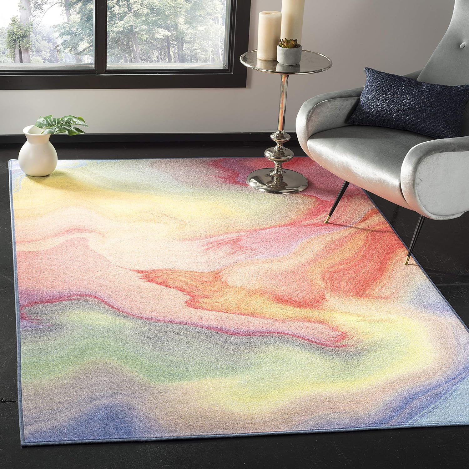 SAFAVIEH Washable Rug Paint Brush Collection - 3'3" x 5'3", Fuchsia & Yellow, Slip Resistant & Easy to Clean, Ideal for Living Room, Bedroom, Nursery, Kids Playroom, Dining Space (PTB123A)
