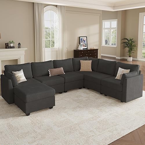 Modular Sectional Sofa Couches, Large Convertible Modular Couches With Storage, 7-Seater Sectional Sofa For Living Room, U Shaped Sectional Couch Sleeper Sofa With Chaise (DarkGrey, 7 Seats)
