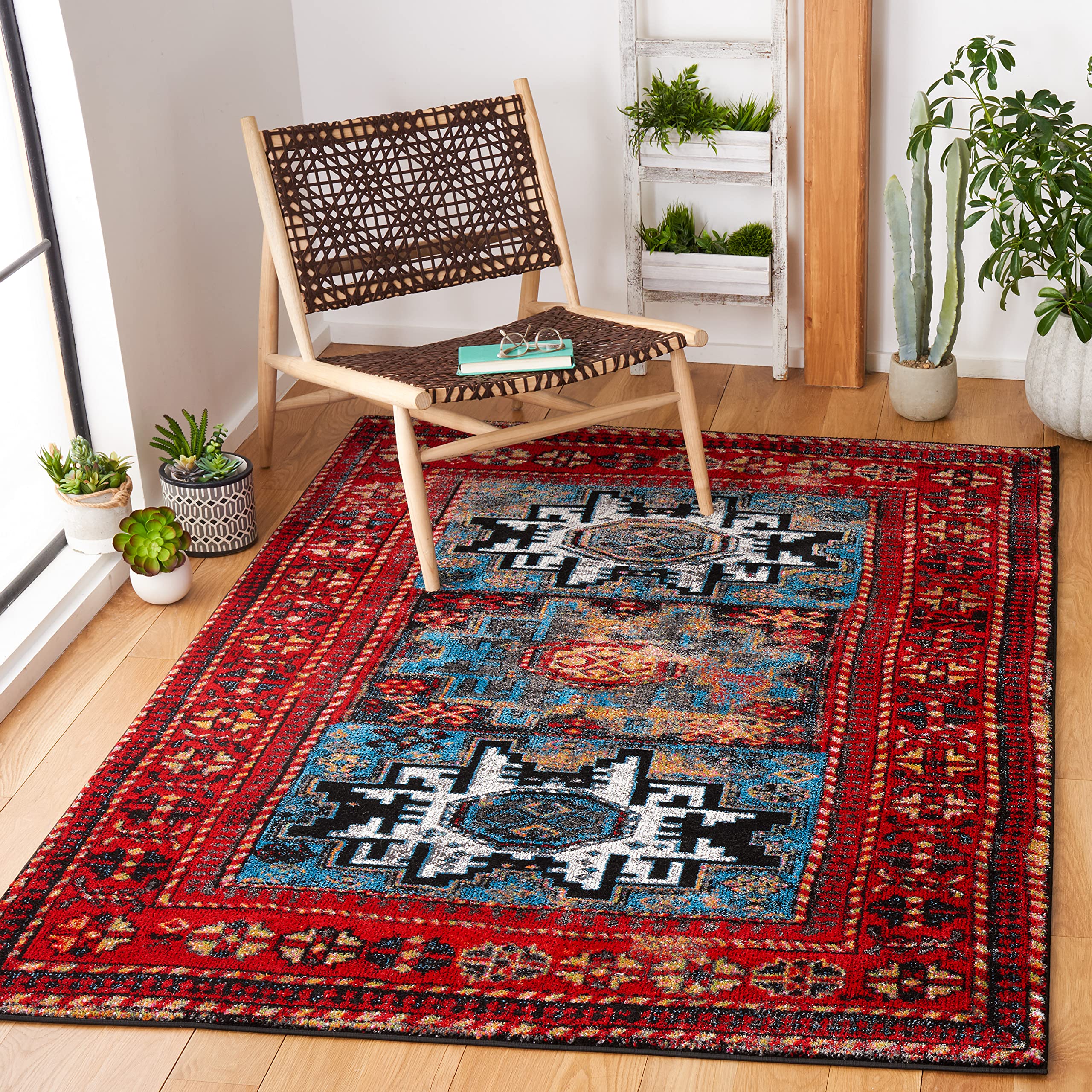 SAFAVIEH Area Rug 8x10 - Vintage Hamadan Collection - Large - Red & Light Blue, Traditional Oriental Persian Design, Non-Shedding & Easy Cleaning,