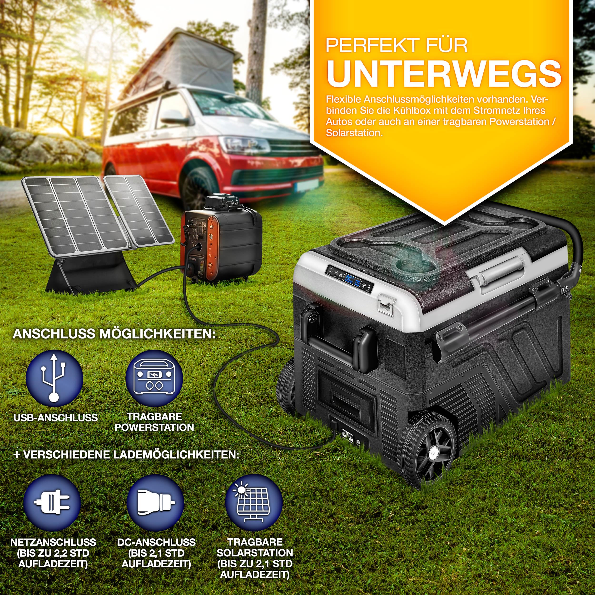 tillvex® Kompressor Kühlbox elektrisch 40-60 Liter | Elektrische Gefrierbox WIFI-APP-Steuerung 12/24 V 230V | Kühlschrank bis -20 °C für Auto, Lkw, Camping (Schwarz, 50 Liter - mit Akku)