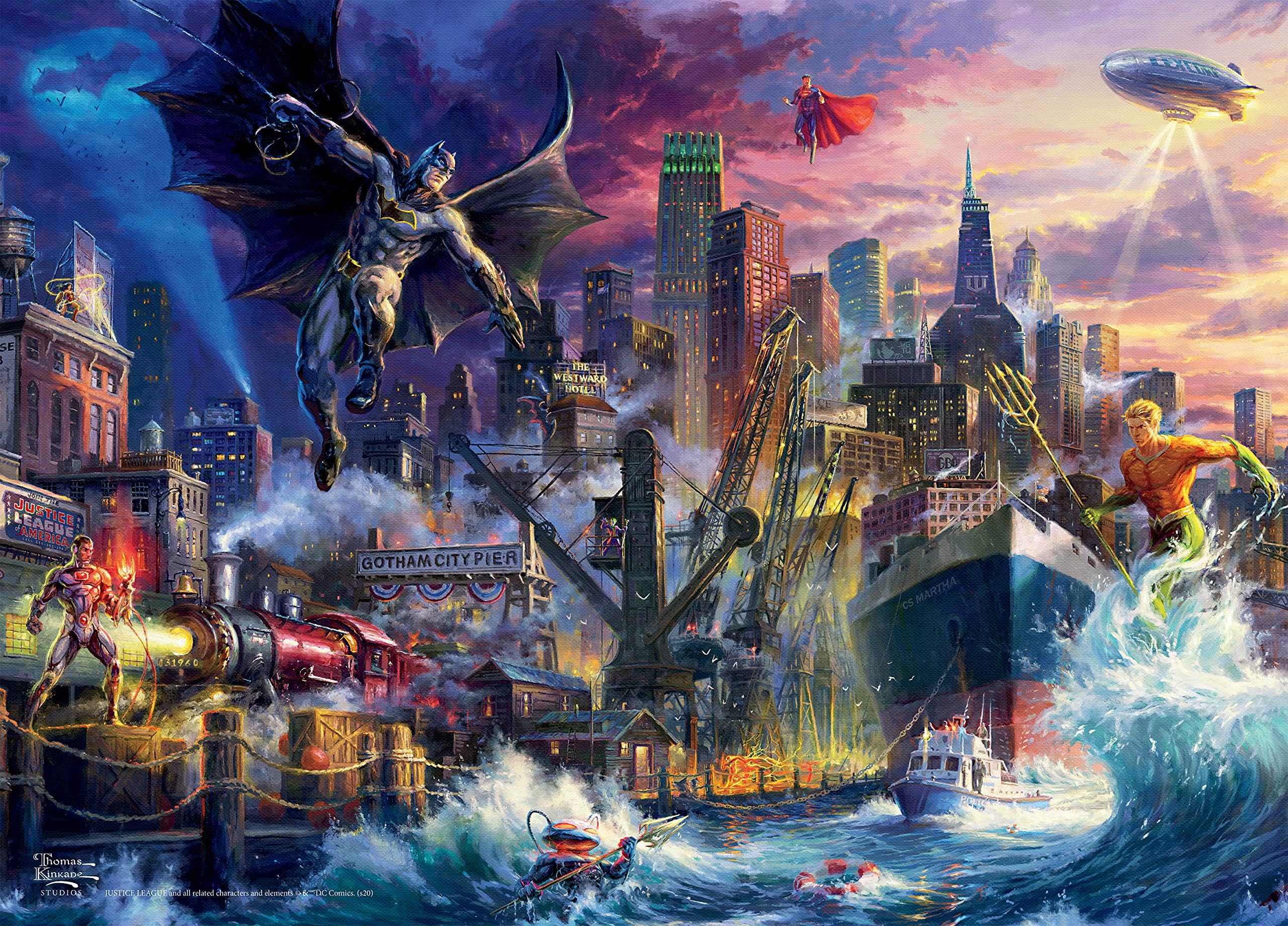 Thomas Kinkade - DC Comics - Justice League Showdown at Gotham Pier - 1000 Piece Jigsaw Puzzle