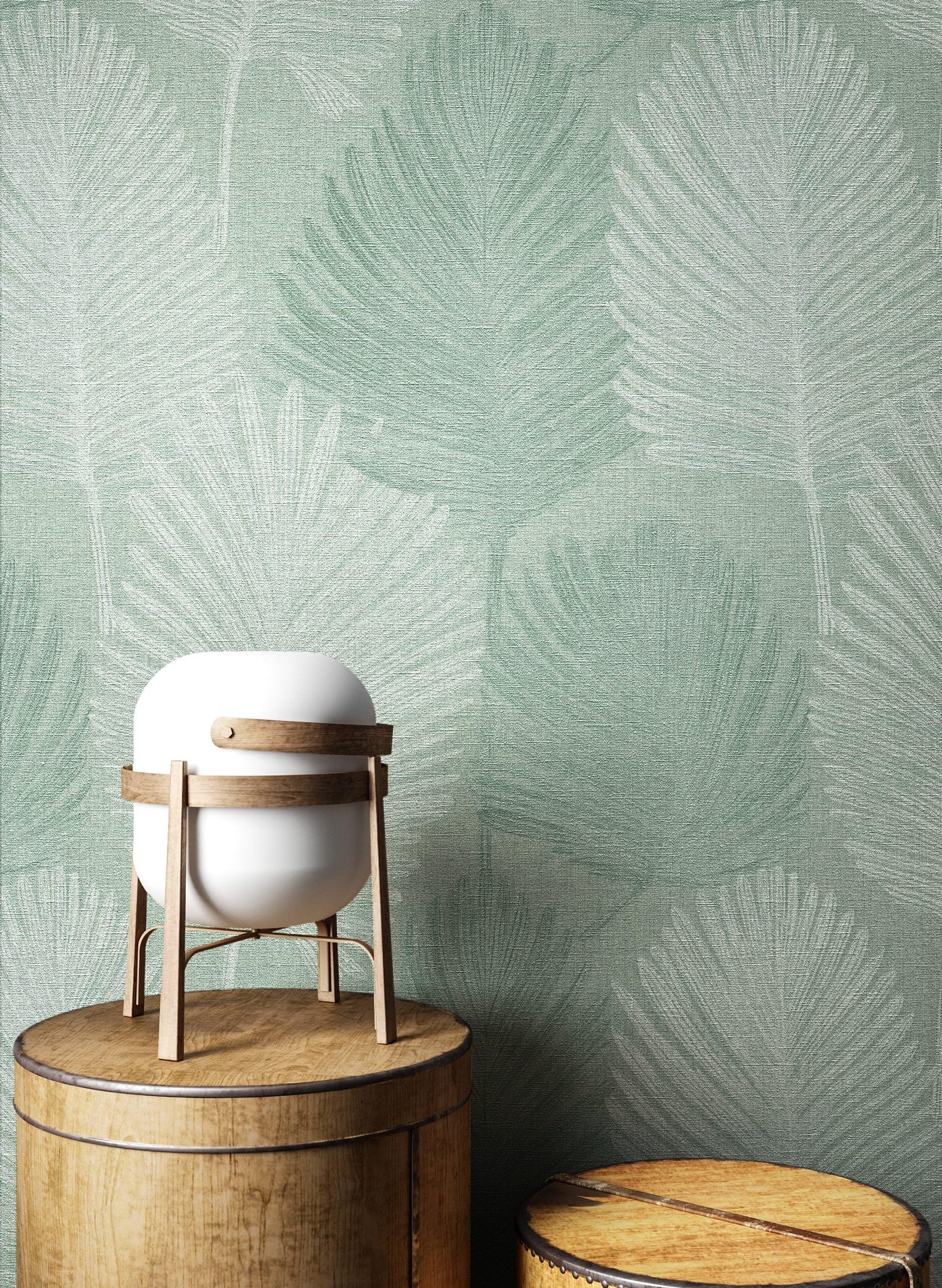 Newroom carta da parati TNT verde foglie di palma soggiorno | fronde verde salvia con trama in lino, effetto opaco cangiante, motivo floreale boho naturale, camera da letto, ingresso
