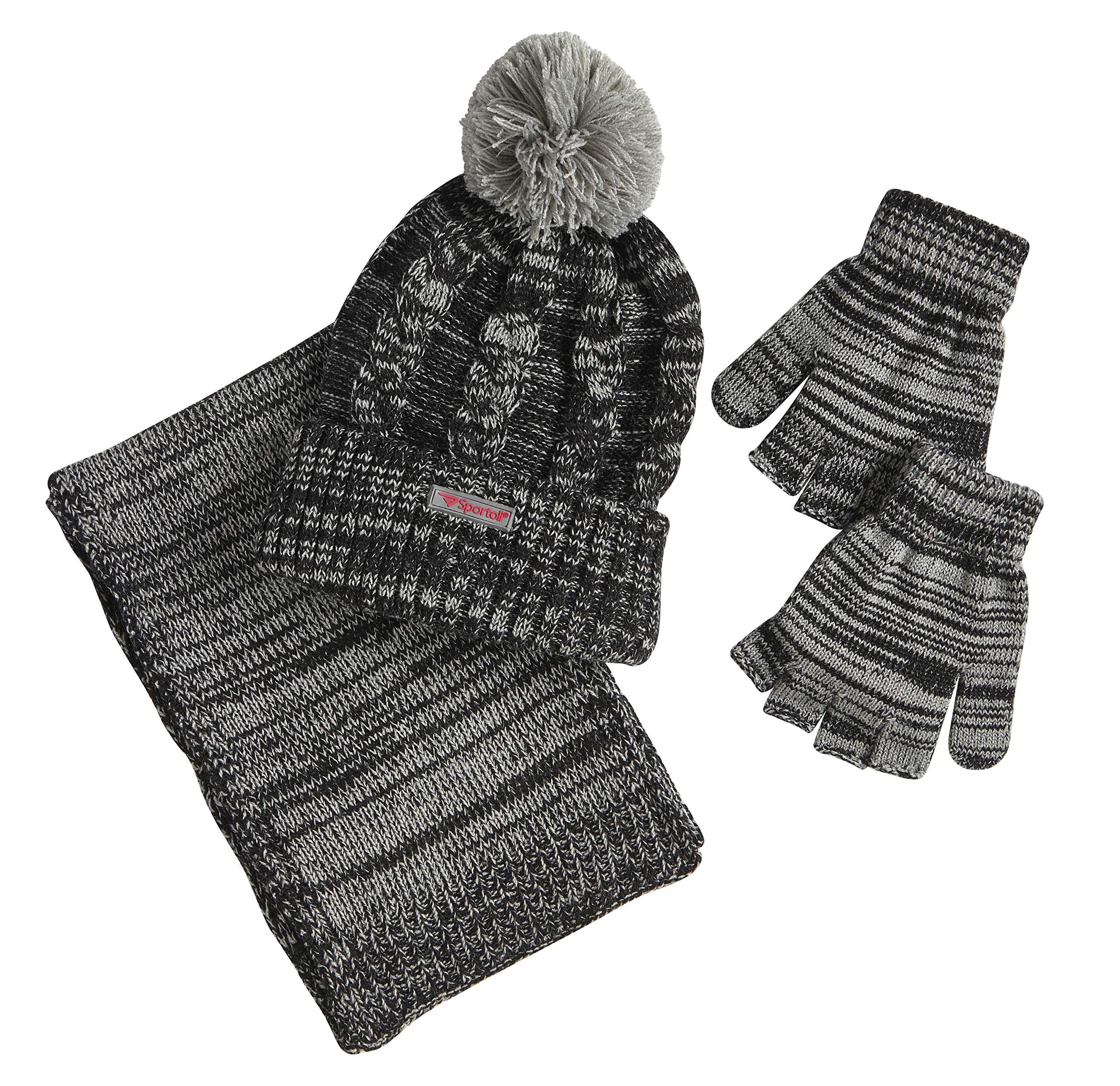 Sportoli Women’s Girls’ kids 3-Piece Cable Knit Cold Weather Set Hat Scarf Glove - Black (Size Kids / 4-7 Yrs)