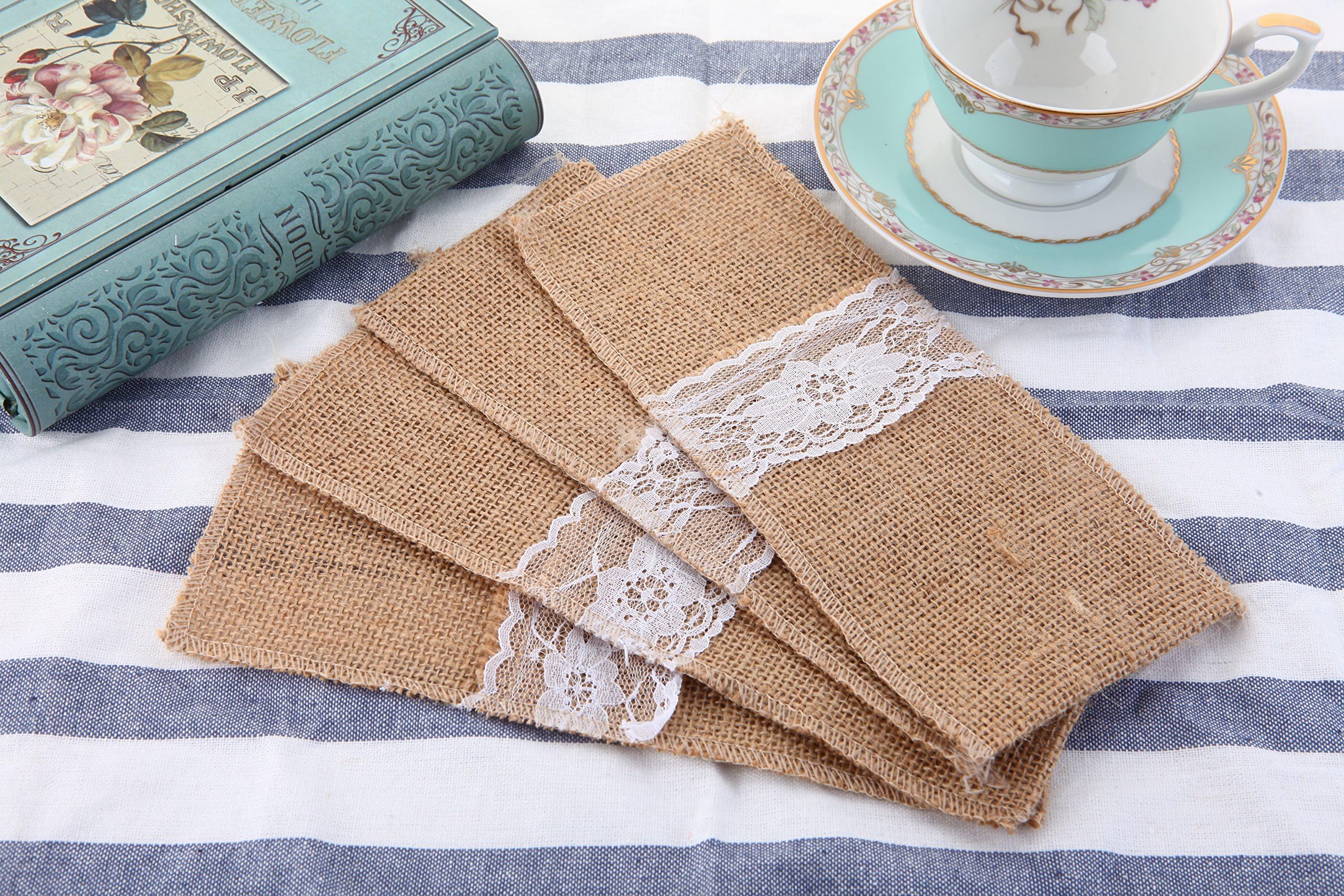 MEIHUA 6pcs Burlap Silverware Holders Utensil Holder w/Lace Country Wedding Jute Lace Pouch Cover Hessian Rustic