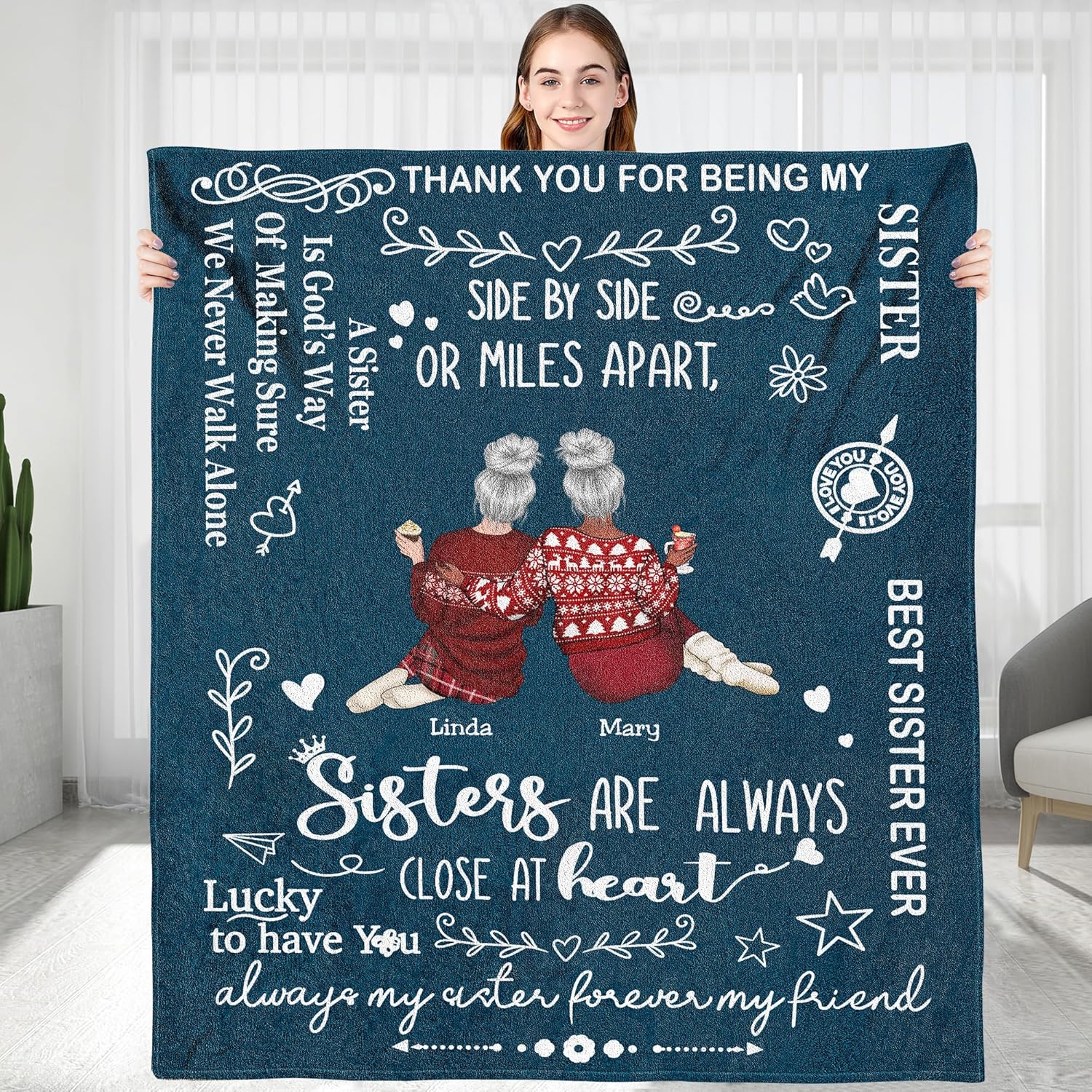 KERAOO Customized Throws Blankets Gift for Sister, Personalized Sister Blanket with