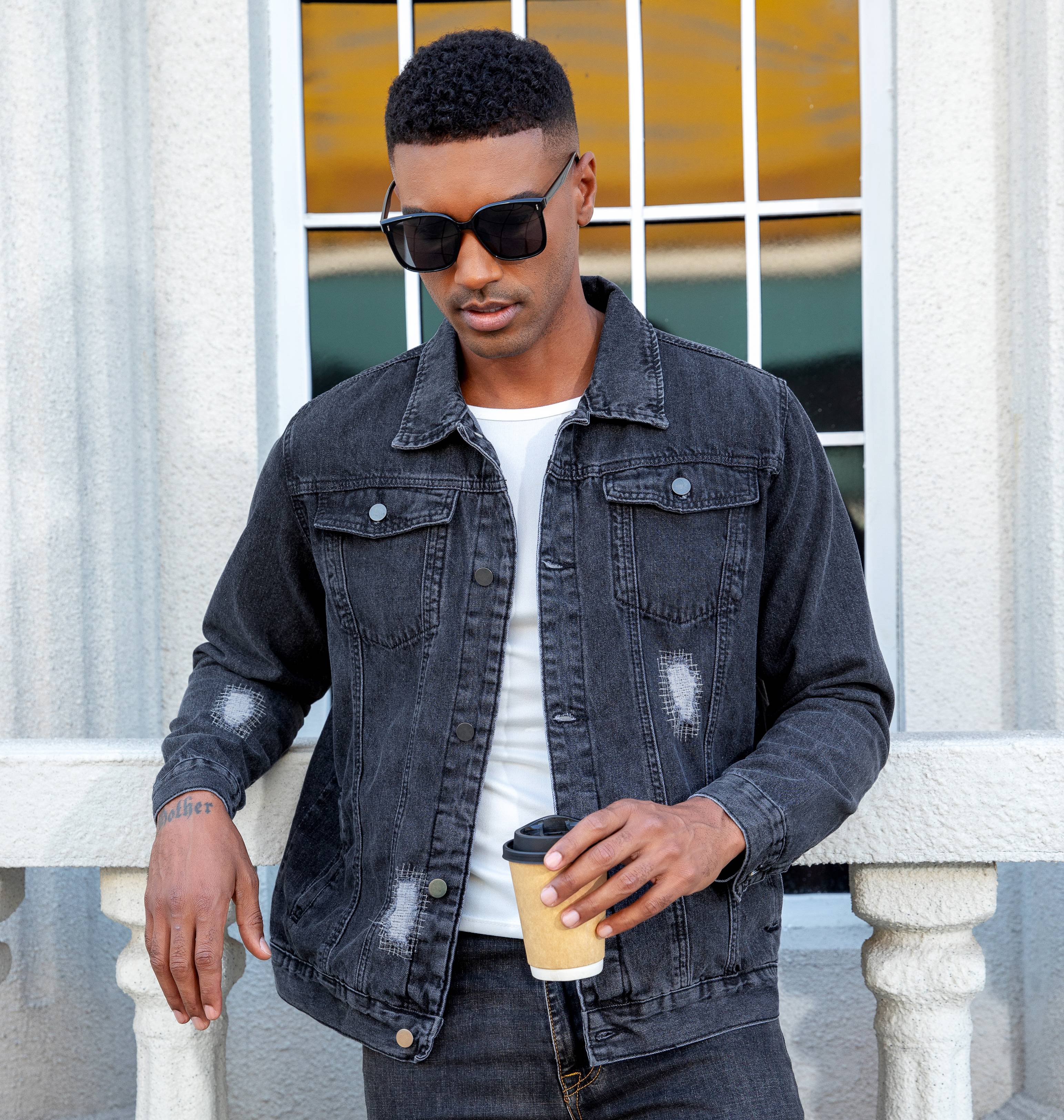 BULUWIE Jean Jacket Men, Men's Denim Jacket Distressed Ripped Slim