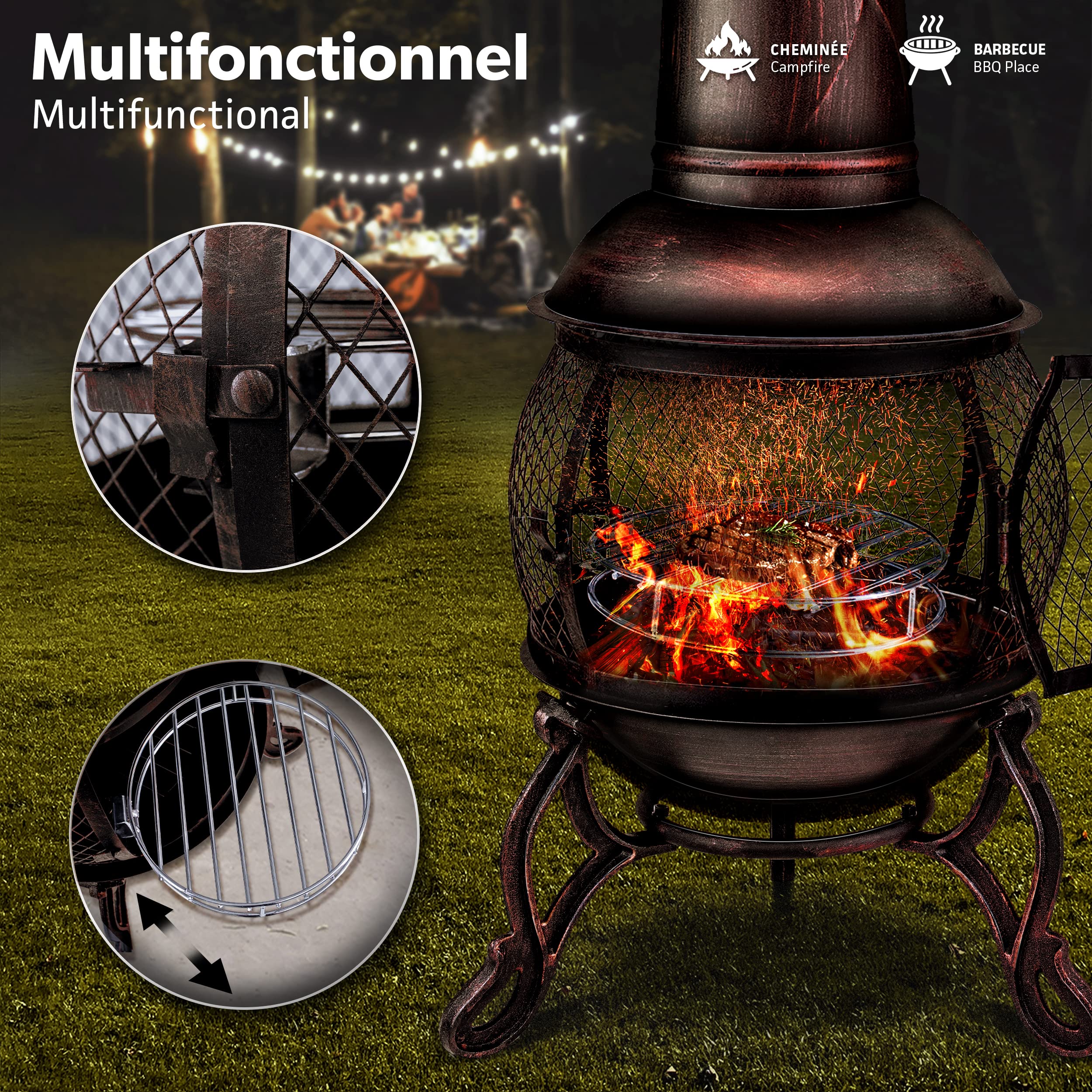 tillvex Cheminée de terrasse extérieure avec Grill | Brasero Mexicain avec Pare-étincelles | Chauffage de Jardin avec Housse | Poêle à Bois | Tisonnier + Grille, BBQ + Accessoires XXL