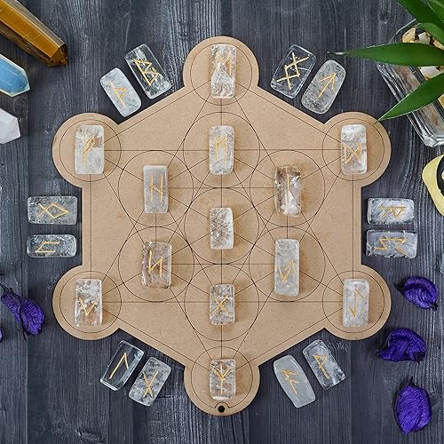 Miniatura 5 de Crocon Runas de cuarzo transparente con forma de rectángulo con alfabeto Futhark de saúco grabado, 25 piezas, juego de runas de cristal de