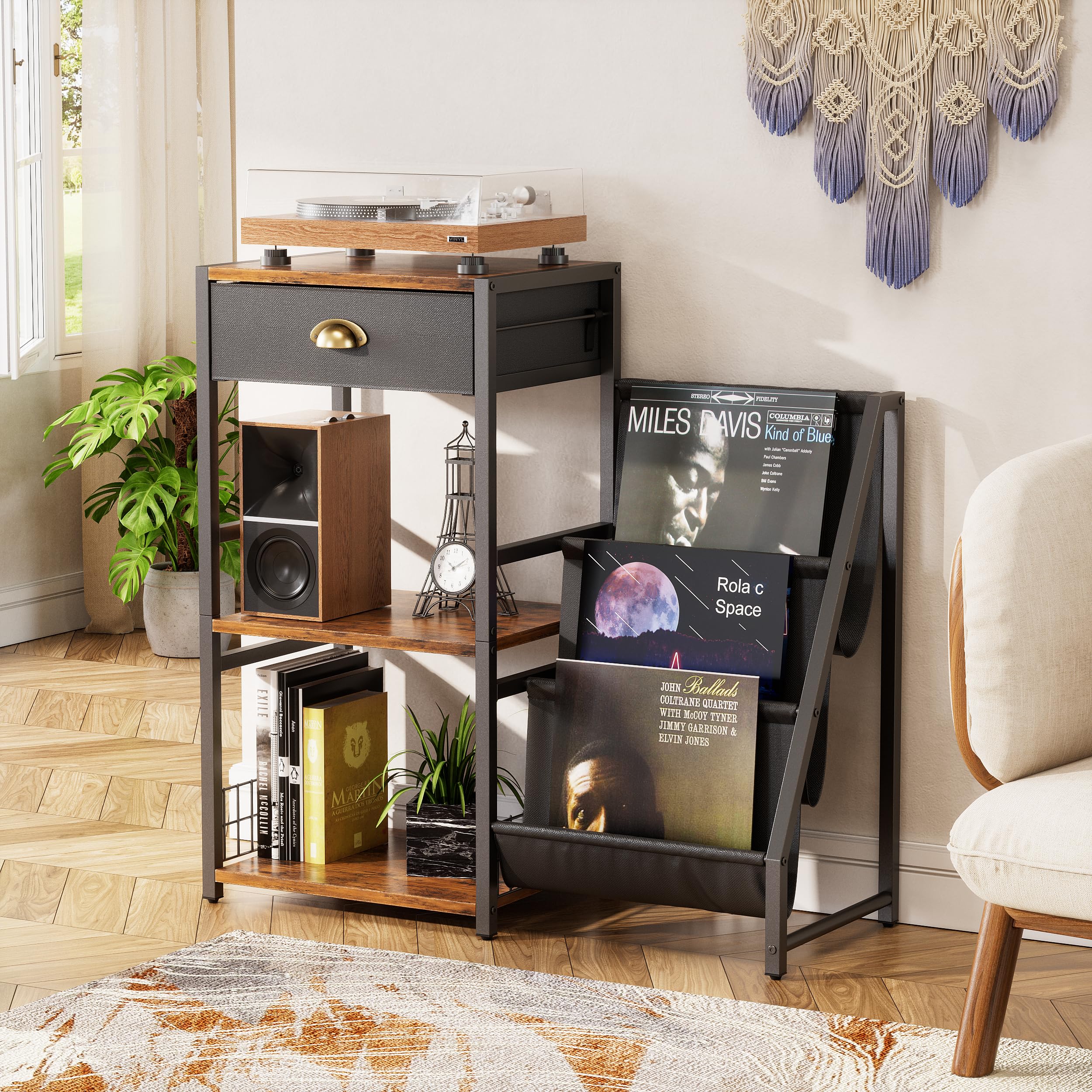 Support pour tourne-disque à 3 étages - Table d'appoint vintage avec tiroir - Support de disques vinyle en bois - Étagère avec étagère d'affichage à 3 niveaux - 86 x 30 x 75 cm