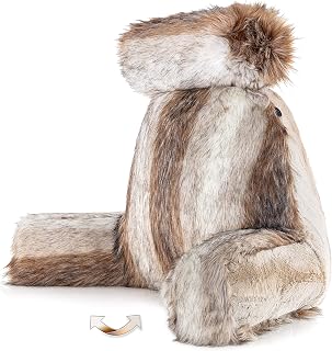XXL Rare Baby Coyote Fabulous Faux Fur Backrest, 2-Tone Reversible Double Sided Reading & Bed Rest Pillow with Arms & Neck Roll, Adjustable Memory Foam - Sit Up Extremely Comfy