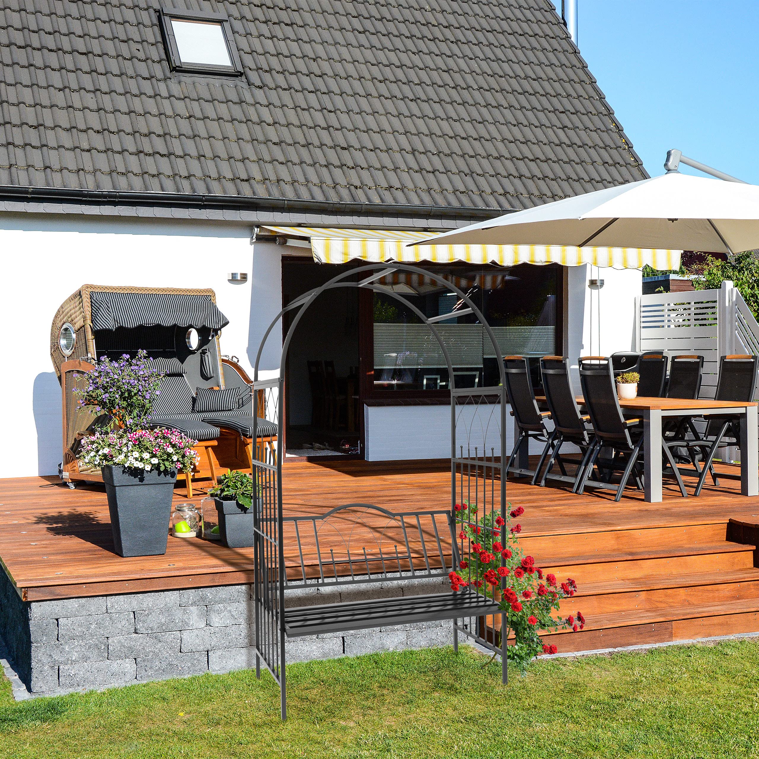 Relaxdays Arco per Rose Rampicanti con Panca, HLP: 203x114,5x59 cm, Resistente alle Intemperie, Design Romantico, Nero