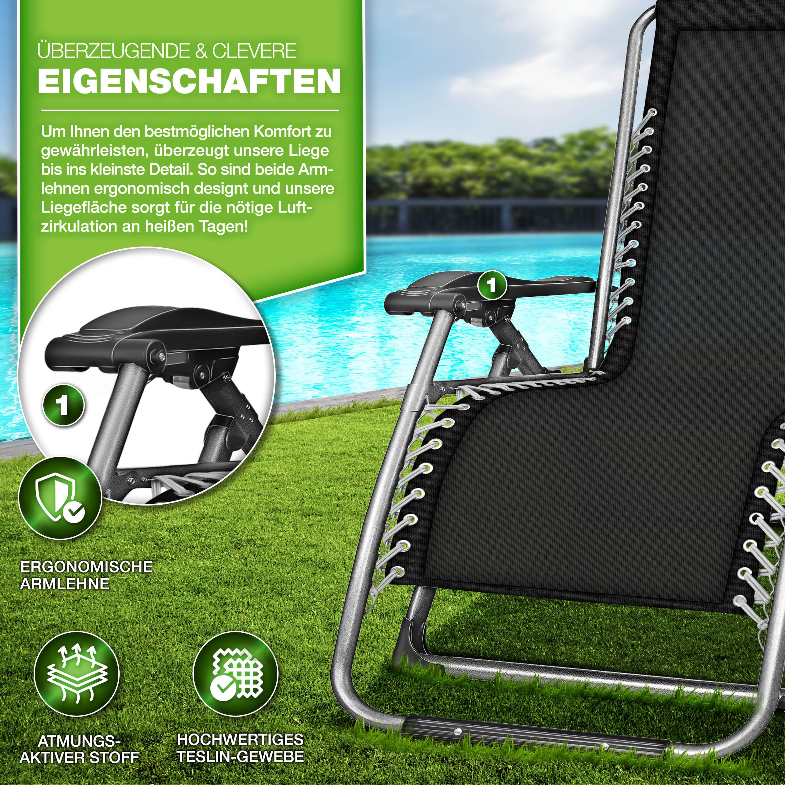 tillvex® Liegestuhl klappbar bis 200kg | Sonnenliege Gartenliege wetterfest Balkon, Garten & Terrasse | Outdoor Liege verstellbar mit dickem Polster | Relaxliege Nackenkissen (Anthrazit)