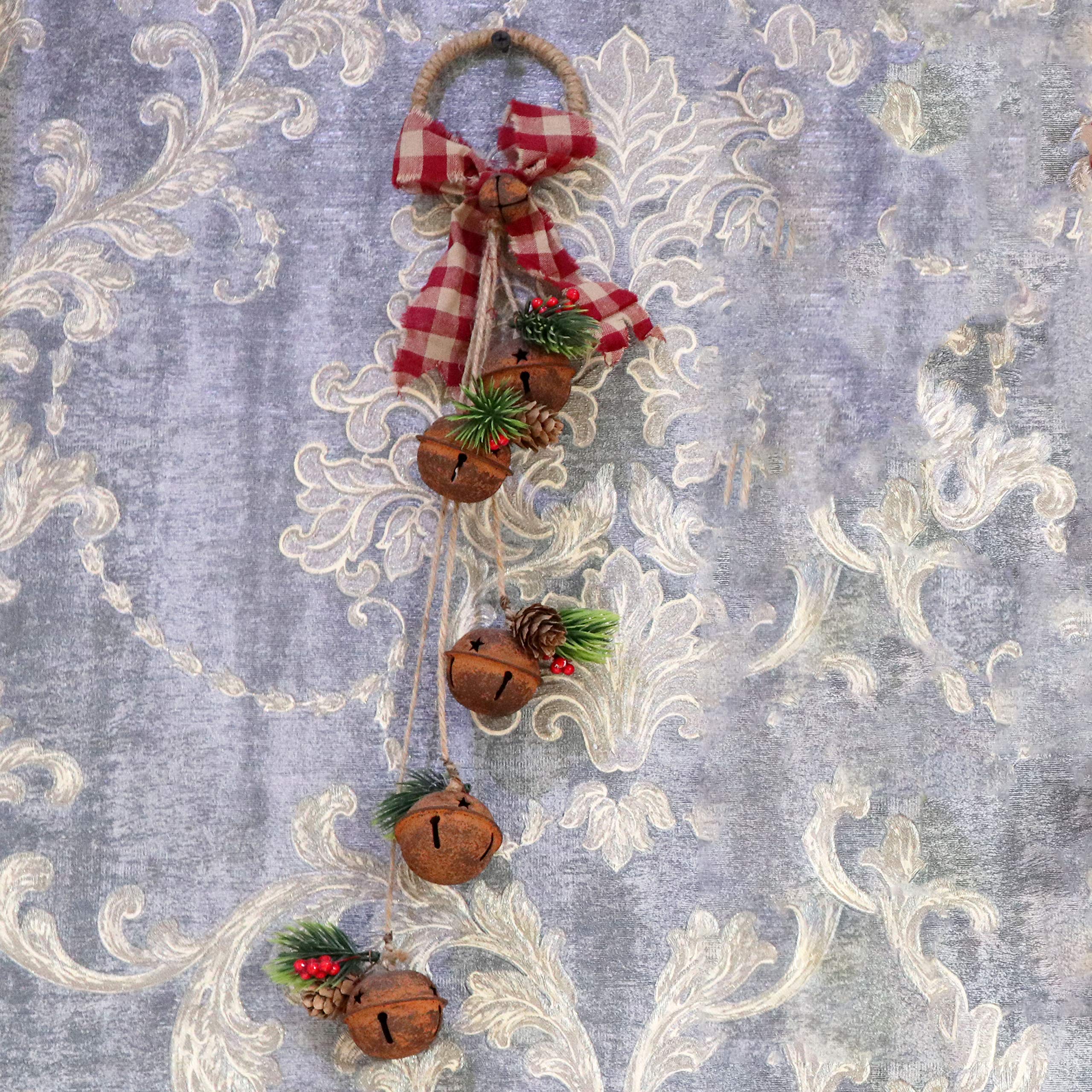 46cm Hanging Decorations Rustic Bells with Ribbon, Berries and Pinecones Christmas Home Wall Door Jingle Xmas Holiday DIY Decorations - Image 3