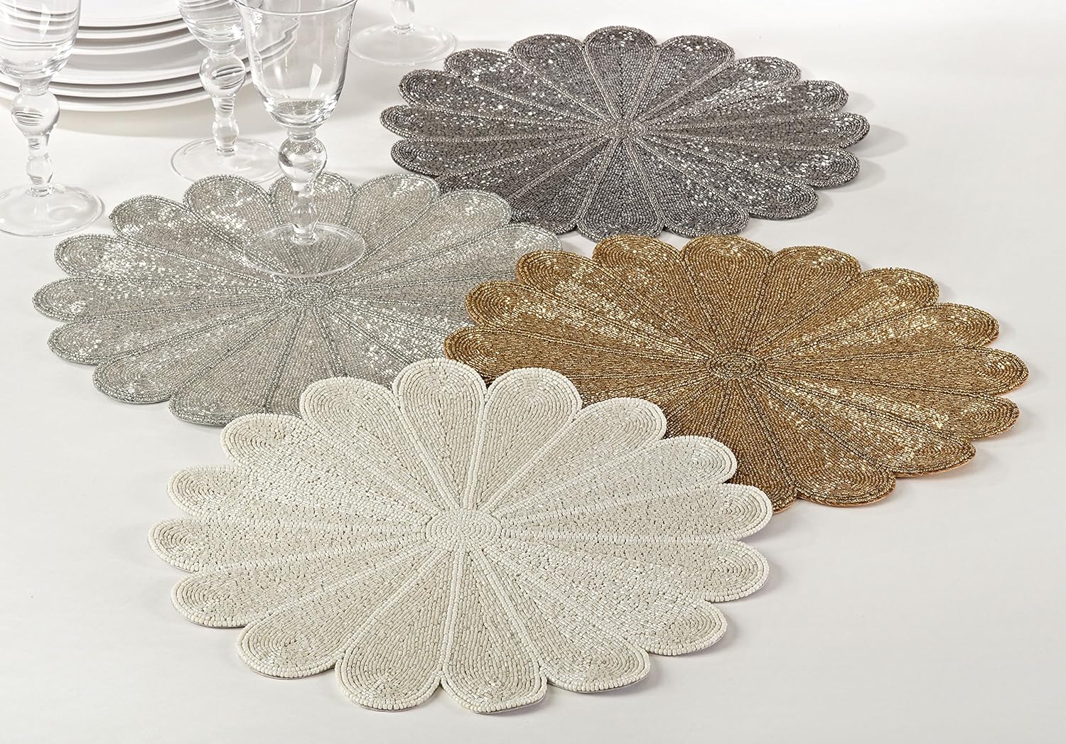Ivory Flower Design Beaded Placemat 15" Round, (4 Piece Set)