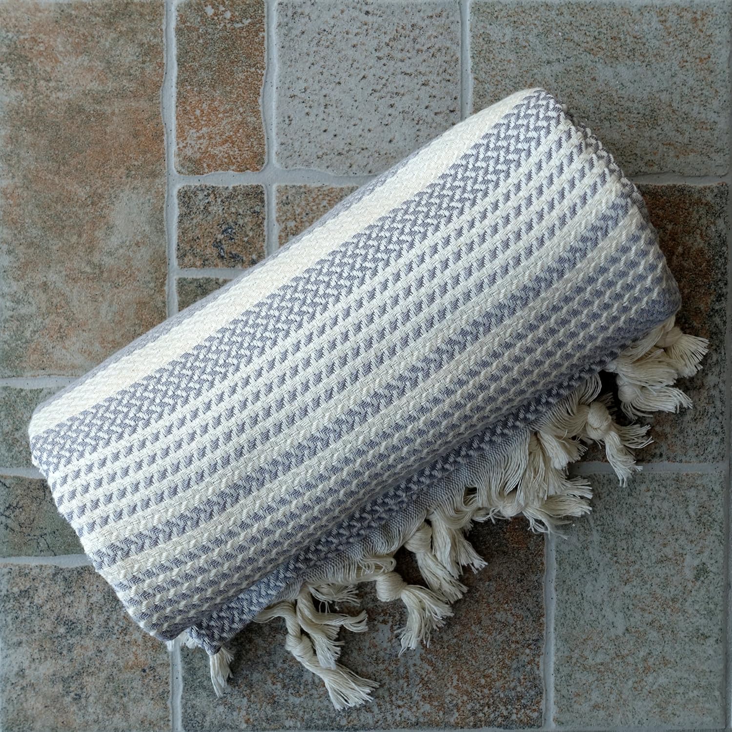 Dandelion - Herringbone Pattern - Naturally-Dyed Cotton Turkish Towel Peshtemal - 71x39 Inches - Light Gray