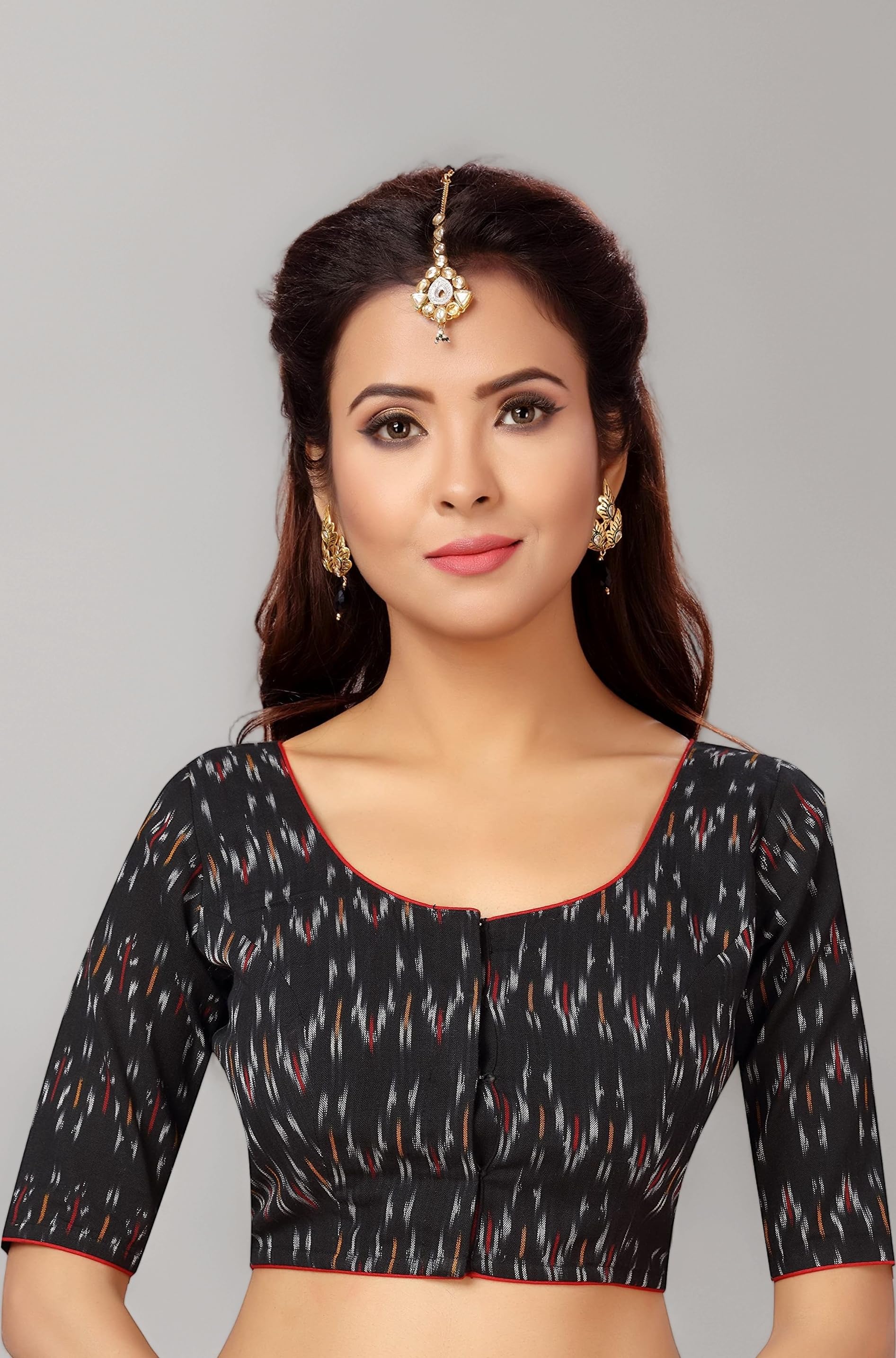 Studio Shringaar Women's Readymade Ikat Print Black Pure Cotton Saree Blouse with Elbow Length Sleeves