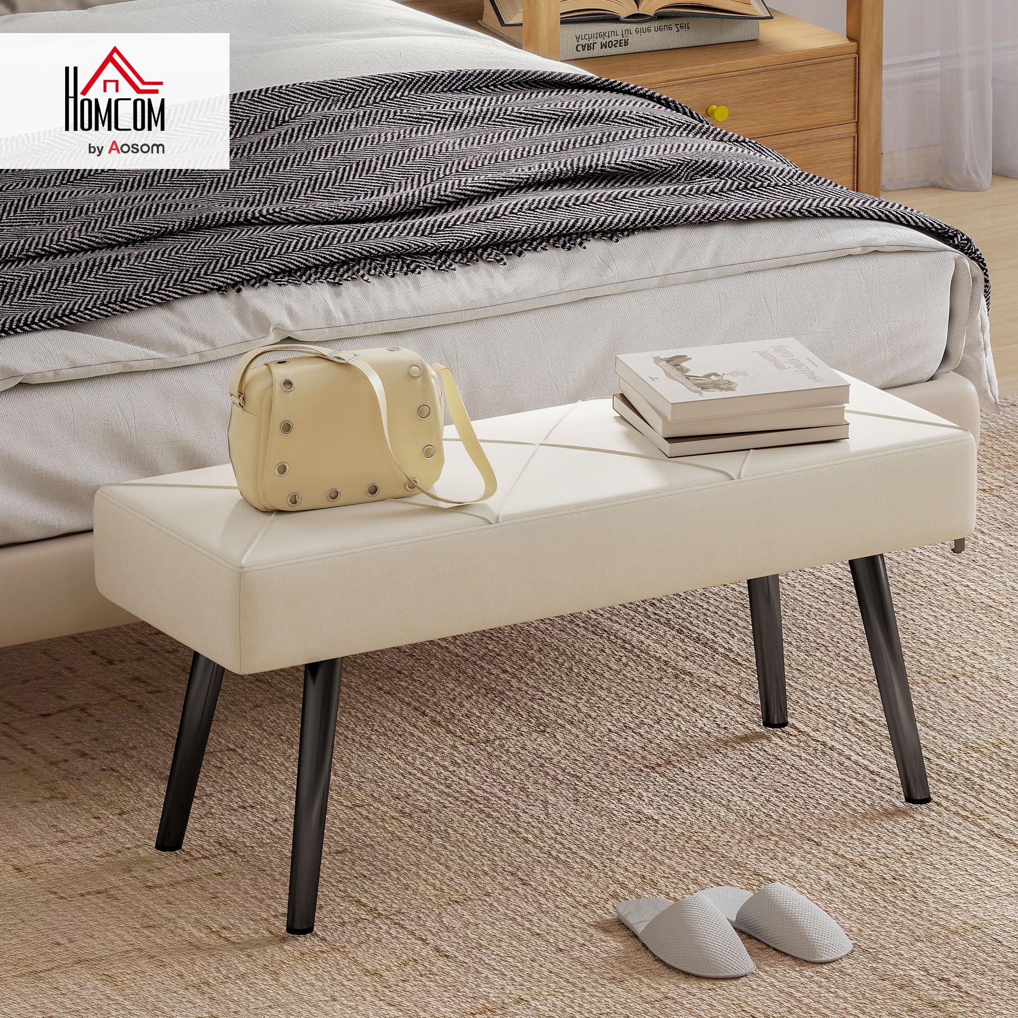 HOMCOM Sgabello multifunzionale, sgabello moderno, panca da letto con sedile imbottito e gambe in acciaio, carico 120 kg, per ingresso, corridoio, soggiorno, 100x36x45 cm, bianco crema