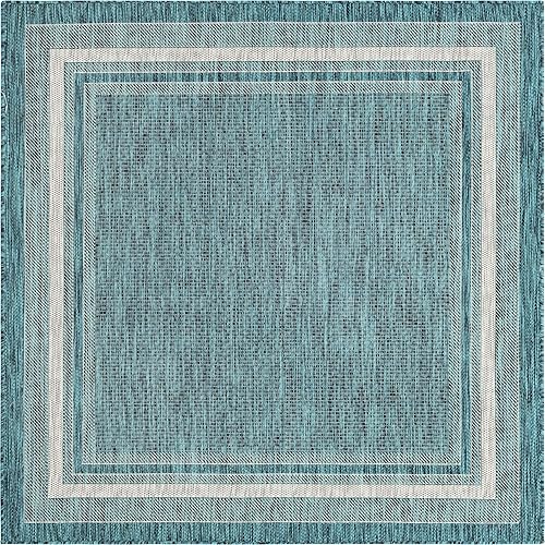 Vista 350 de Unique Loom - Colección Outdoor Border - Tapete para exteriores de borde suave - 5 pies 3 pulgadas x 8 pies, rectangular, azul/marfil azu/marfil