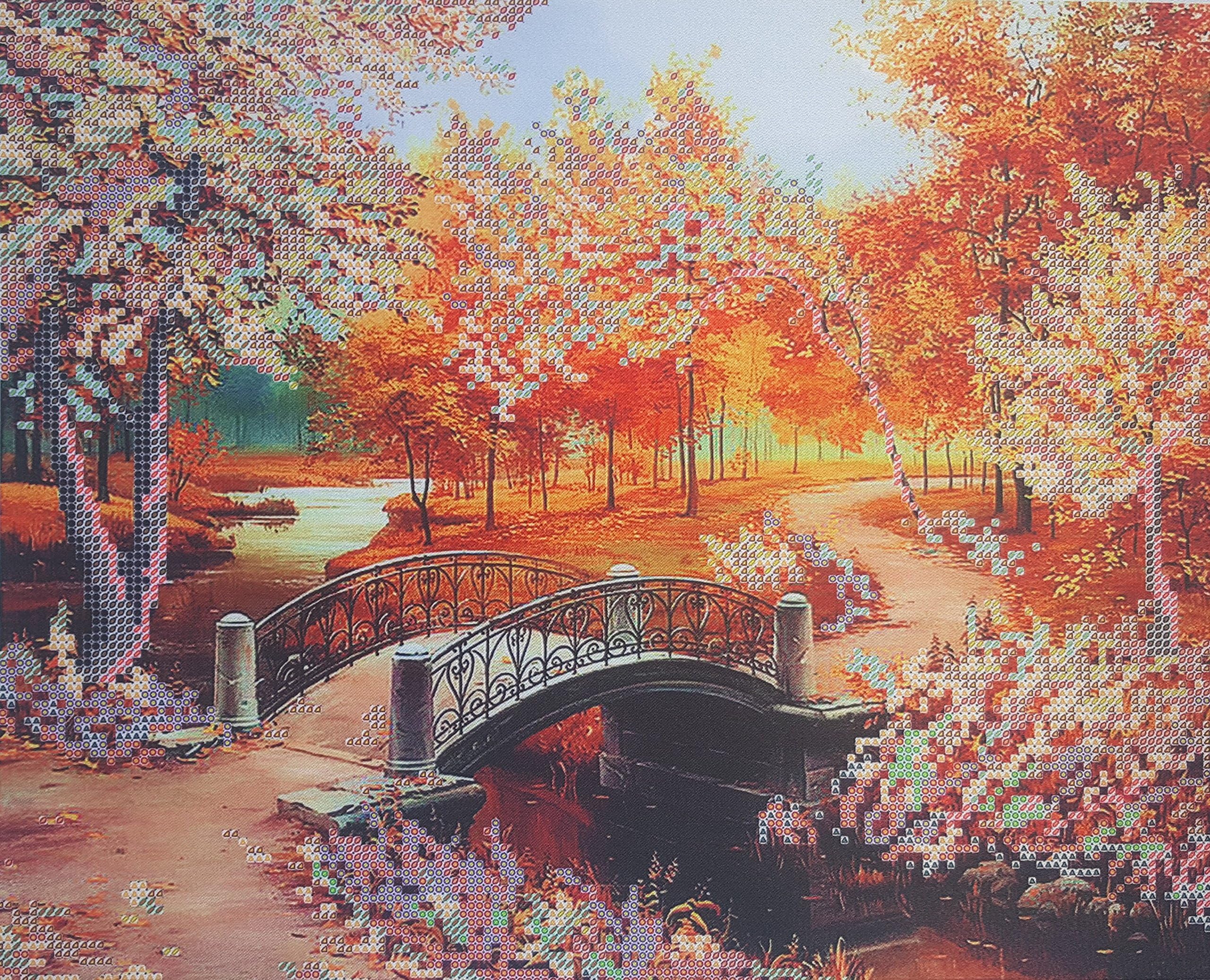 AllAboutEmbroideryUA Bead Embroidery kit Autumn Bridge Beaded Stitching Fall Landscape Needlepoint Handcraft Tapestry kit