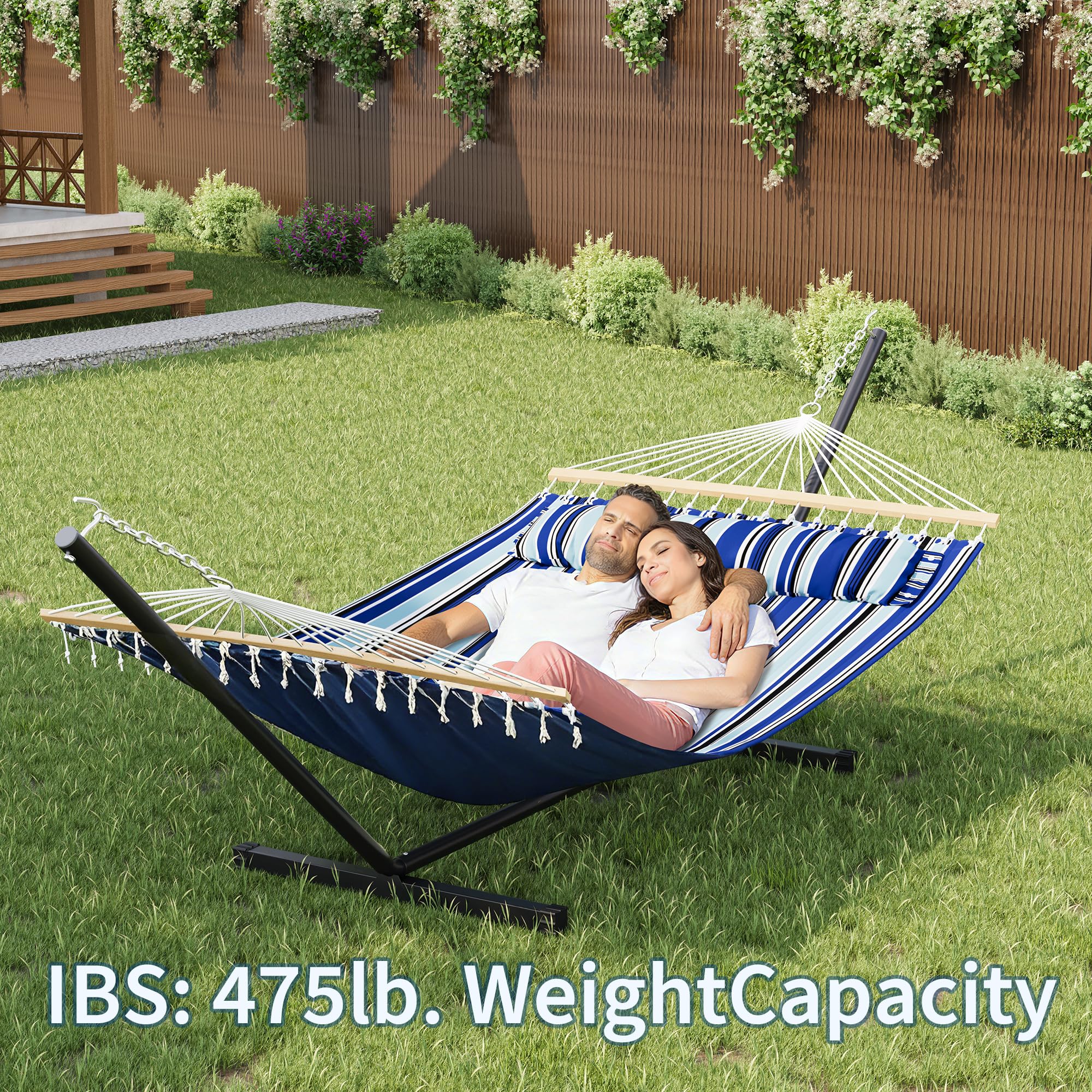 Doppelhängematte Mit Gestell, Belastbar Bis 215kg, Wetterfeste Gartenhängematte Mit Kissen & Tragetasche, 3-Fach Gedrehte Seile, Hängematte Für Garten, Terrasse, Camping & Strand