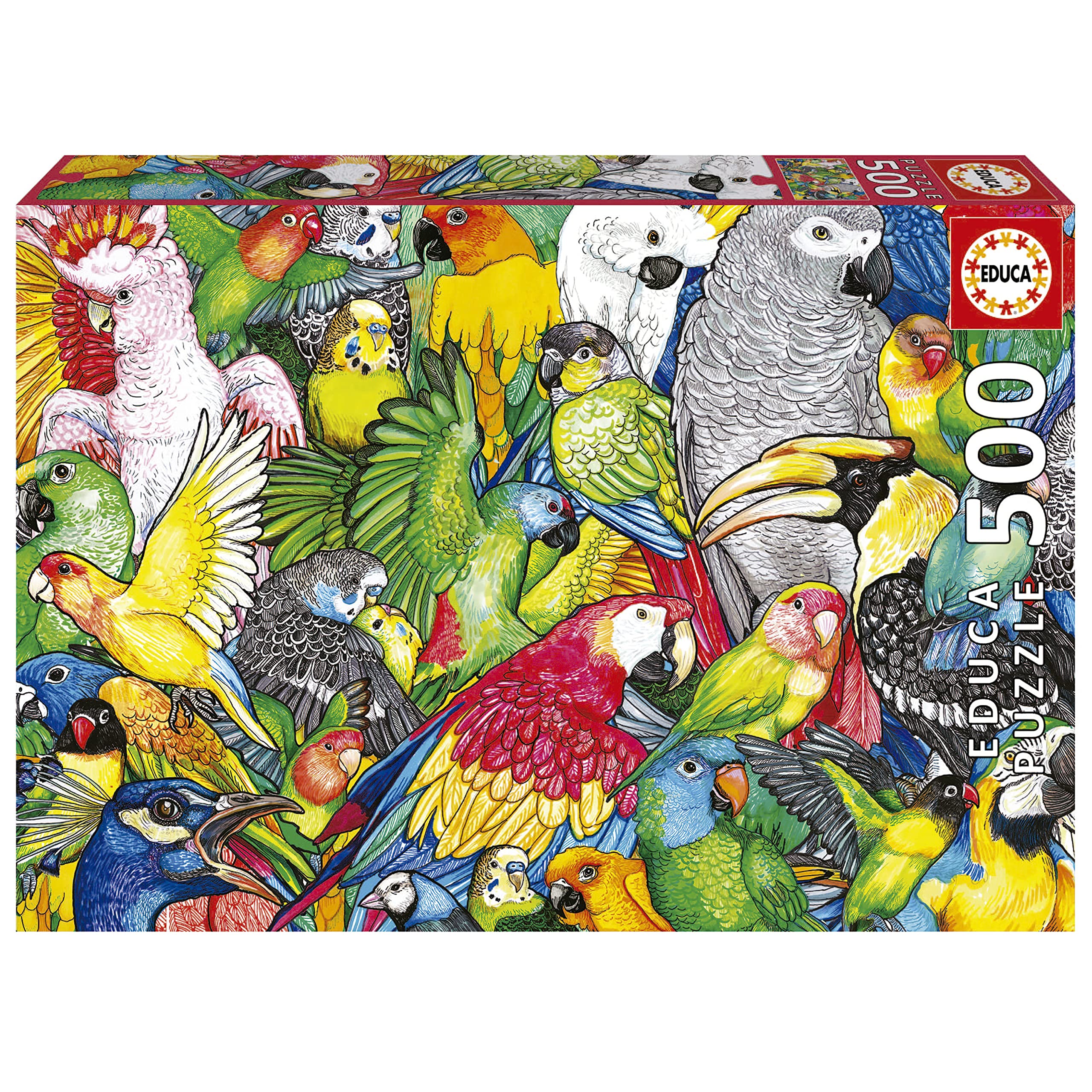Educa - Parrots | 500 piece puzzle measures: 48 x 34 cm Includes Fix Puzzle Tail to hang Once assembly is completed. Ages 11+ (19547)